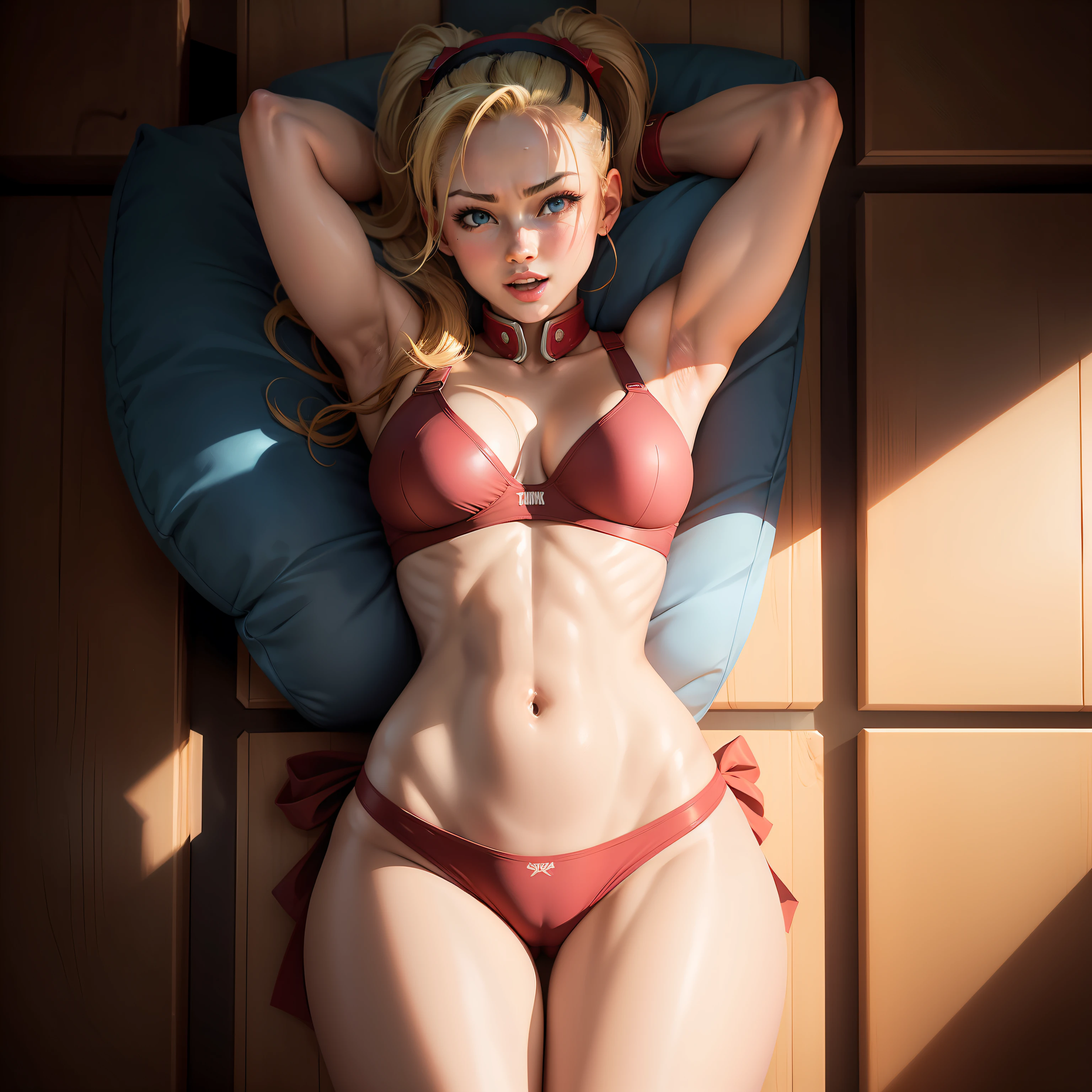 Cammy street fighter, Obra-prima, qualidade superior, alta resolução, solo, seios grandes, dentro de casa, misaligned bra, tanga, (alcance: 1.2), deitado, de cima, arms spread open, sorriso, cama, cueca desgrenhada, heavy breathing, sexual expression invite