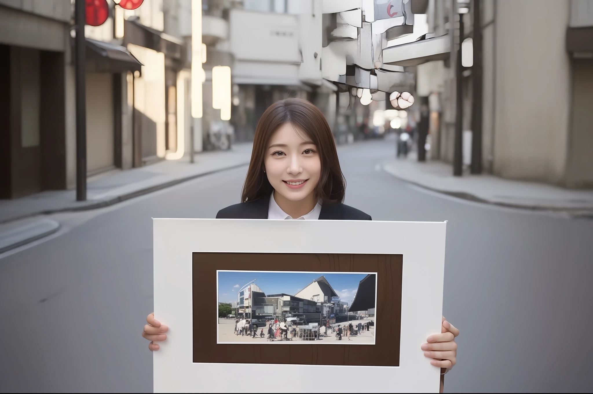 ((top-quality、8K、masterpiece:1.3))、foco nítido:1.2、Perfect Body Beauty:1.4、Slim abs:1.2、((Dark brown long hair、Colossal tits:1.2))、(natural soft light、street corner:1.2)、Highly detailed facial and skin texture、A detailed eye、(二重まぶた)、(((dynamic ungle))),Streets of Tokyo、Silver thin necklace、drooing eyes、Smiling、White blouses、White button shirt、Gentle expression、Beautie、Wavy Hair、Symbol of the Japan gal、Light makeup、(Holding a photo with both hands)、I'm showing you the pictures I have.、Introduction of what you have