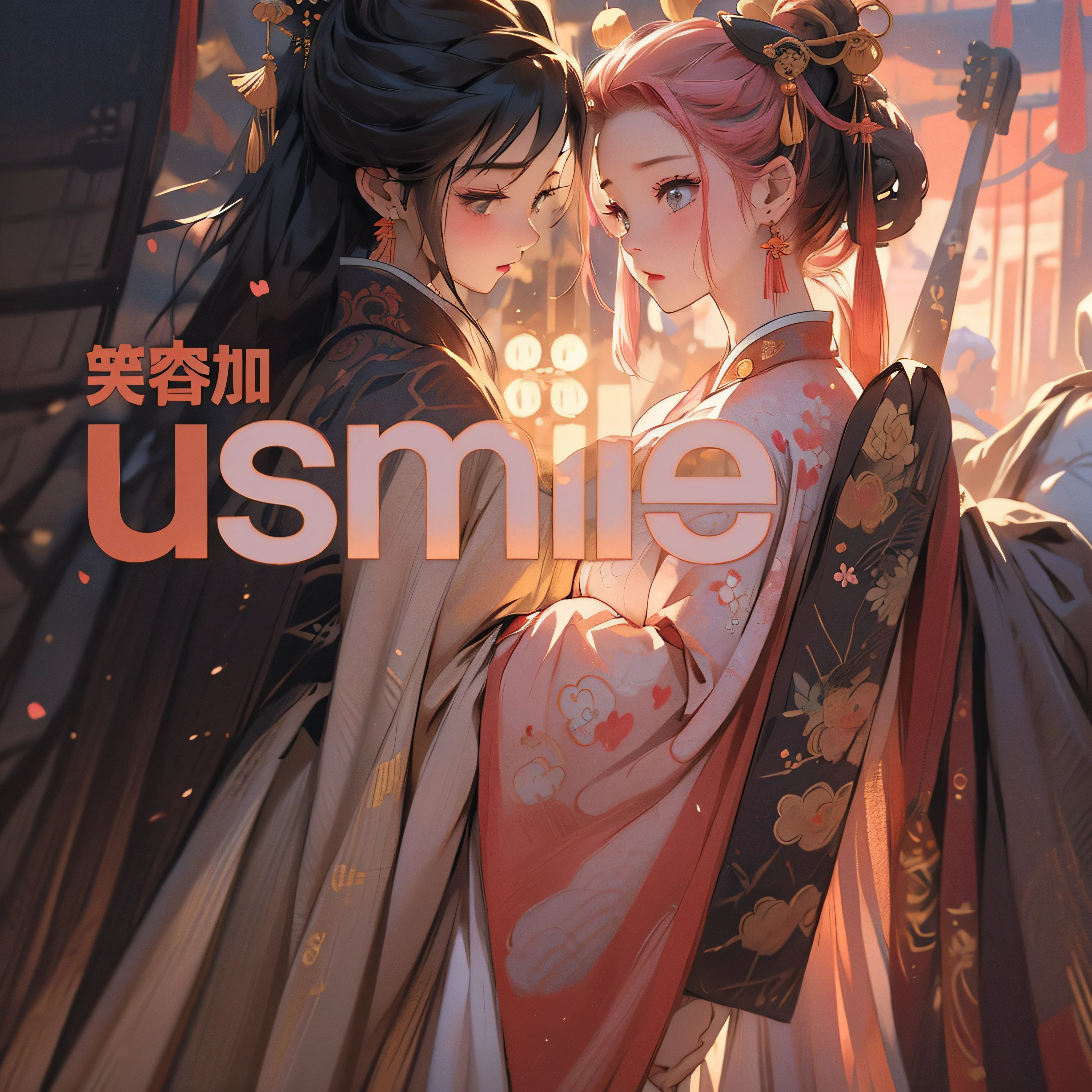 Tanabata，Chinese big breasts，Traditional China，Realiy，tmasterpiece，8K，4K，In pink，couple,Valentine's Day，𝓡𝓸𝓶𝓪𝓷𝓽𝓲𝓬，hugs，Look at each other，Sweet，amarelo，Contre-Jour，cameras，mountain water，both sexes