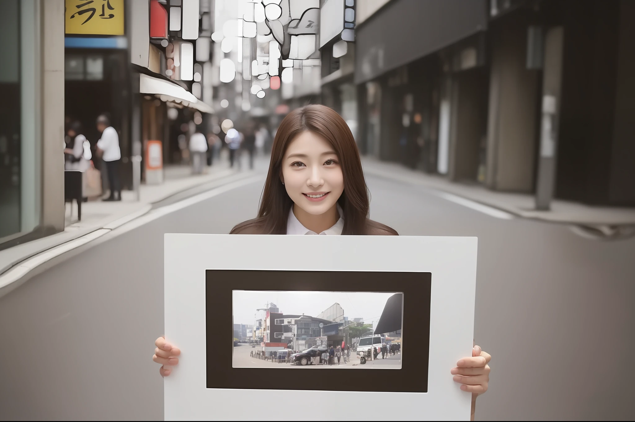 ((top-quality、8K、masterpiece:1.3))、foco nítido:1.2、Perfect Body Beauty:1.4、Slim abs:1.2、((Dark brown long hair、Colossal tits:1.2))、(natural soft light、street corner:1.2)、Highly detailed facial and skin texture、A detailed eye、(二重まぶた)、(((dynamic ungle))),Streets of Tokyo、Silver thin necklace、drooing eyes、Smiling、White blouses、White button shirt、Gentle expression、Beautie、Wavy Hair、Symbol of the Japan gal、Light makeup、(Holding a photo with both hands)、I'm showing you the pictures I have.、Introduction of what you have