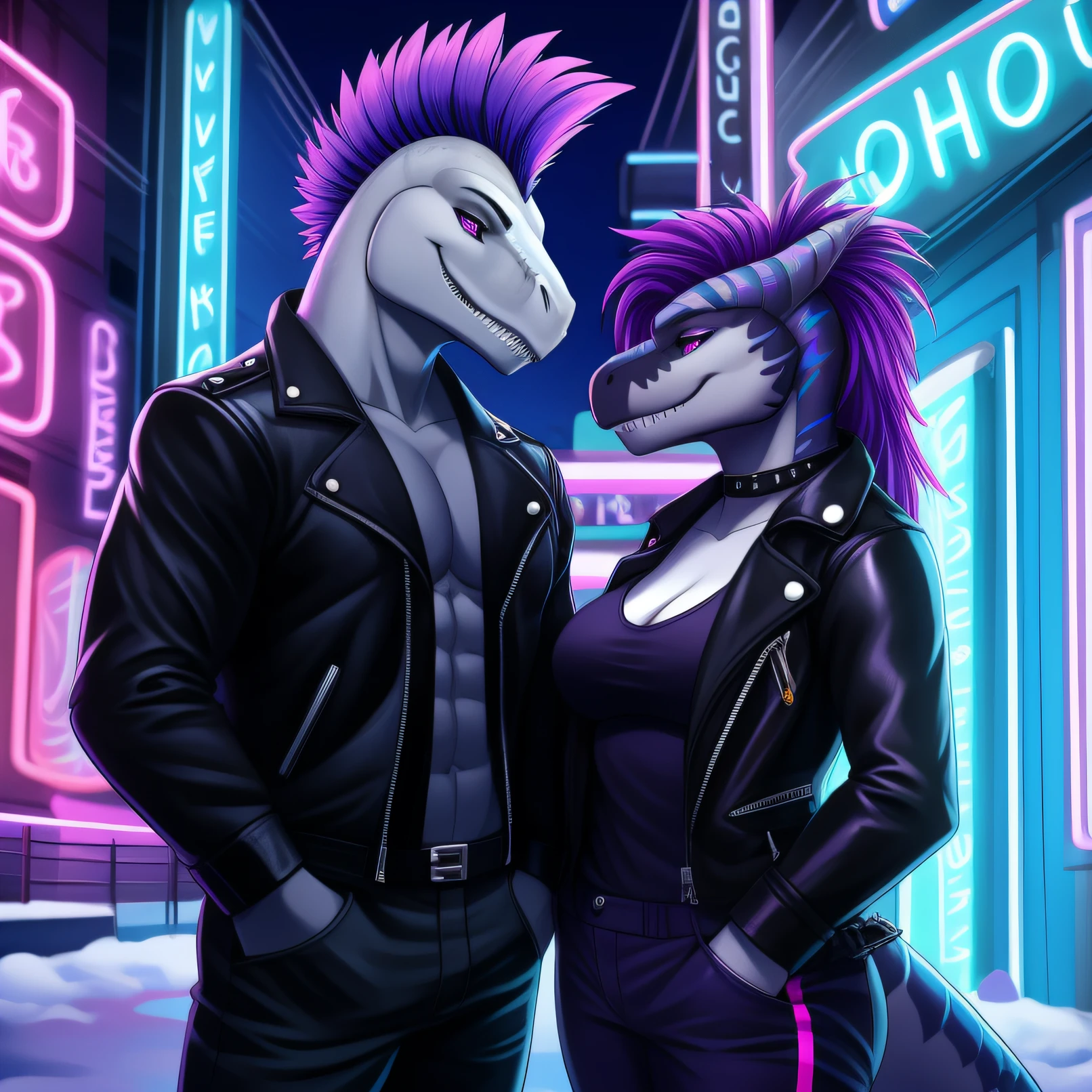 Portrait of a black female Yanchugosaurus with purple eyes and neon hair, and a snow-white male Allosaurus with a blue mohawk, Dressed in a black leather jacket and pants against the backdrop of a neon city, Lovers
