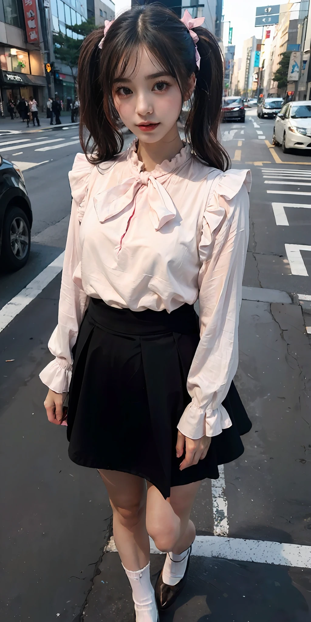 (high-detail:1.4)、(hyper realisitic:1.4)、(Smooth lighting:1.05)、32K、1womanl、20-year-old ta fashion girl、Realistic lighting、Facial Lights、Ray tracing、(brightened light:1.2)、(Quality Improvement:1.4)、(Realistic textured skin of the highest quality:1.4)、fine detailed eyes、A detailed face、Fine quality eye、dark brown eyes、white backgrounid、((Pink blouse with ruffles))、Black Ribbon Tie、Black Flare Mini Skirt、Brown hair with ribbons on twin tails、, (White Silk Socks)、Black Strap Pumps、(is standing), Shibuya cityscape