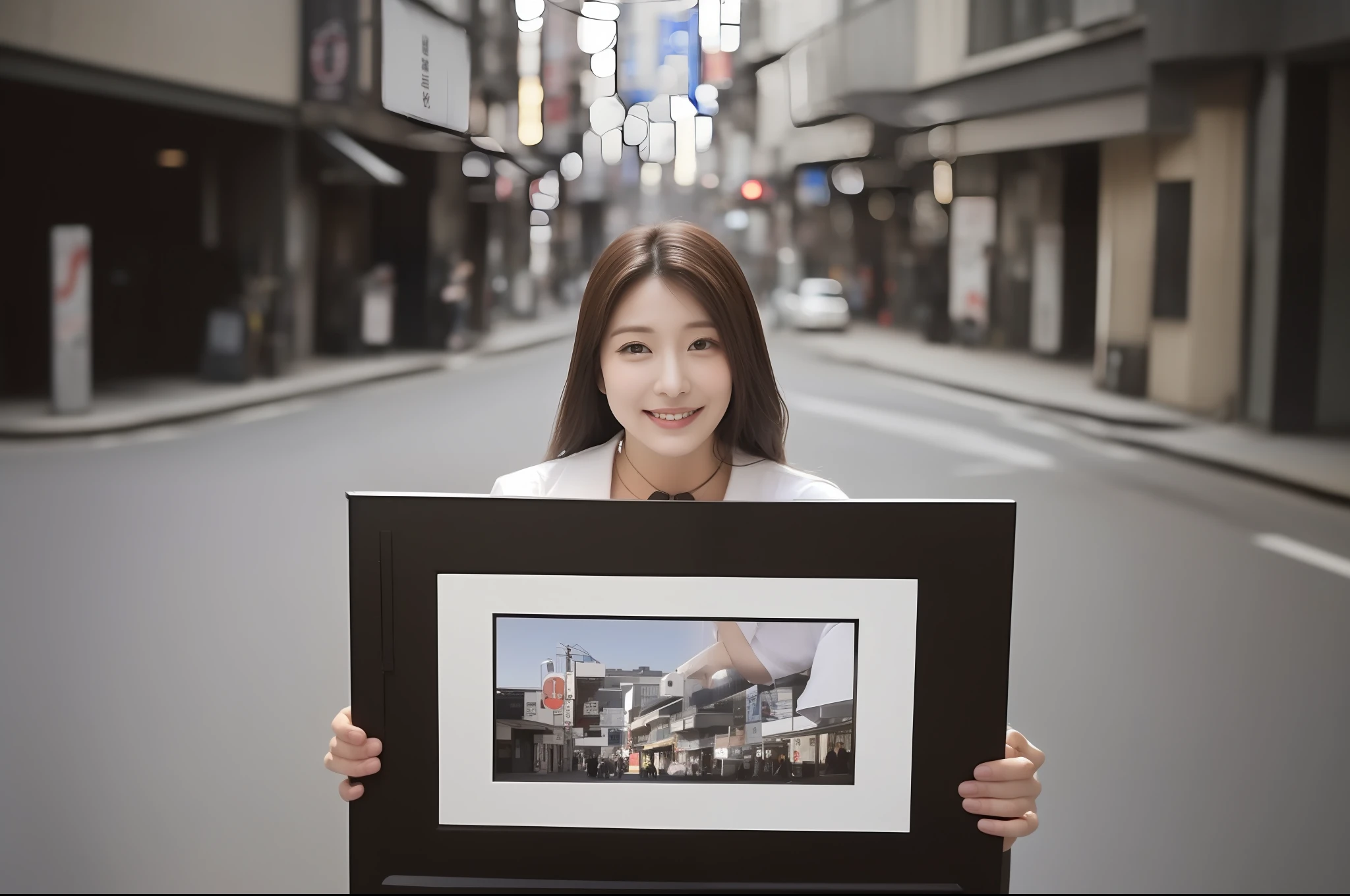 ((top-quality、8K、​masterpiece:1.3))、foco nítido:1.2、Perfect Body Beauty:1.4、Slim abs:1.2、((Dark brown long hair、Colossal tits:1.2))、(natural soft light、street corner:1.2)、Highly detailed facial and skin texture、A detailed eye、(二重まぶた)、(((dynamic ungle))),Streets of Tokyo、Silver thin necklace、drooing eyes、Smiling、White blouses、White button shirt、Gentle expression、Beautie、Wavy Hair、Symbol of the Japan gal、Light makeup、(Holding a photo with both hands)、I'm showing you the pictures I have.、Introduction of what you have