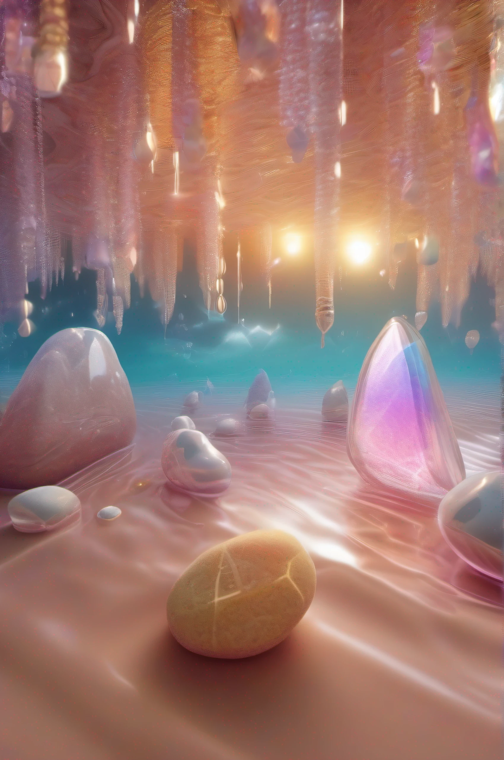(8k wallpaper, .RAW, Photorealistic:1.25) ,( glossy side,, Best quality, Super high resolution, Depth of field, color difference, Caustics, Special light) ,Iridescent color style,(dreamy and romantic compositions:1.5),Bright style,Crystal clear rabbit-shaped stone,sandbeach,with light glowing,rays of sunshine,