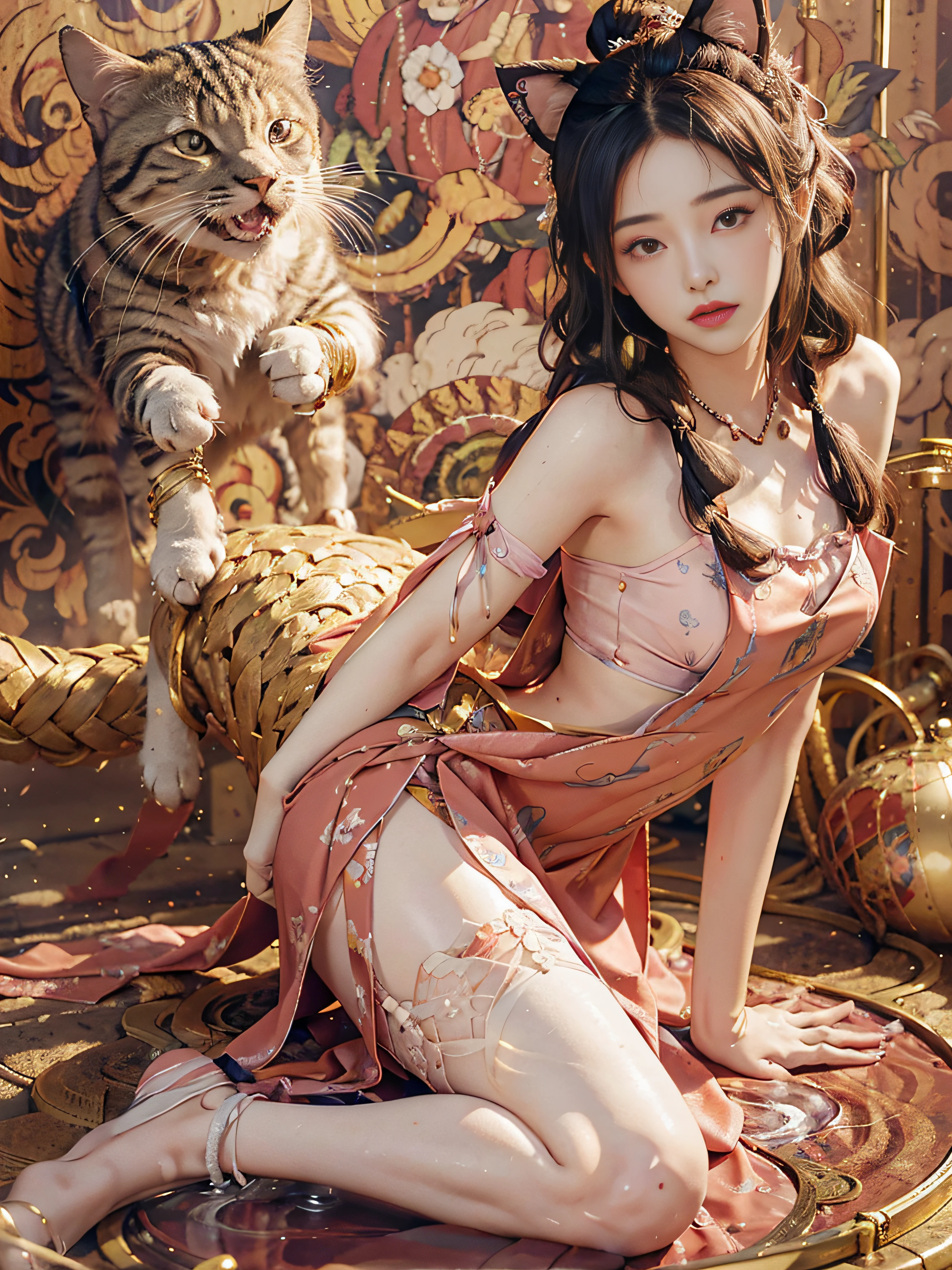 （Hyper-realistic), (illustratio), (A high resolution), (32K), (extremely higly detailed), (Most Best Illustration), (美丽细致的眼睛), (best qualtiy), (ultra - detailed), (tmasterpiece), ( the wallpaper), (Detailed and delicate face), 独奏，peeing self，??? on the legs，Surrounded by other people，Highly Detailed Face and Skin Textur，Detailed eyes，二重まぶた，Hairpins twist woven ?????，Wear large-rimmed glasses，Dressed in pink tulip fairy, Sweet and pure lace-print embroidery to see through，Wearing cat ears，???????????????? apart，Kneeling on both knees，Nervously bow your head，is shy，Embarrassing provocation and shock，Stand with your legs spread，On the floor of a dry men's toilet，A small puddle of her own urine formed around her feet， Very eager to ???， urinating， Wet yourself， Urine discharge， streaming tears， dreads， be desperate， panicking， high detal，October pregnant pot-bellied ballet，Wear ballet shoes,(dynamicposes)，1 rapariga, Play the lute on the toilet in the bathroom，White wavy hair, korean people, heterochromatic eyes, small mole under eyes, ((aprons)), Bigchest, Long legs, Tightens abs，Wear gold and silver jewelry，(Camel toes)，(fishnet stockings)，(pantyless)，(??????)