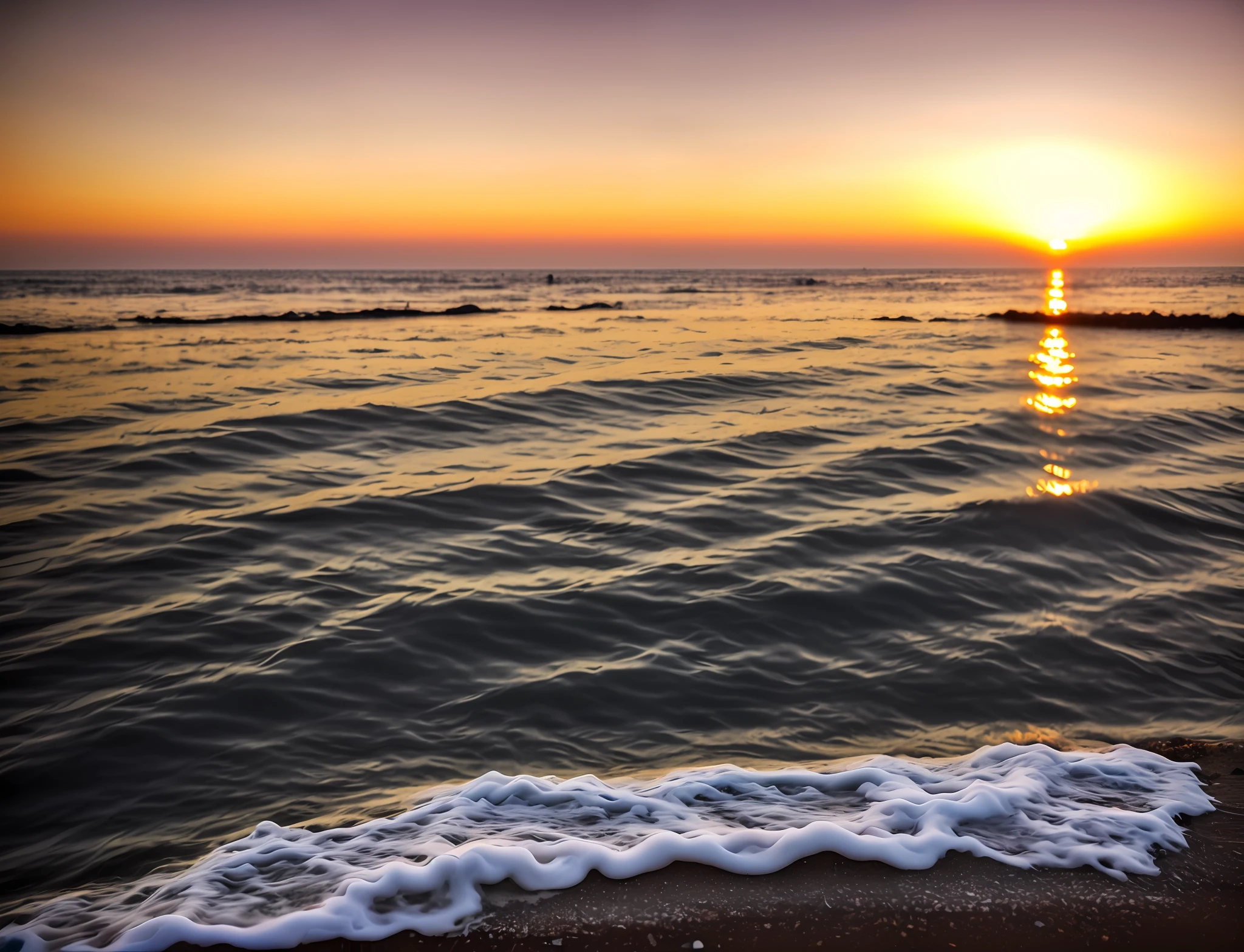 Absolutely mesmerizing sunset on the beach with a mix of oranges, pinks and yellows in the sky. The water is crystal clear, gently kissing the shore, and the white sand is endless. The scenes are action-packed and breathtaking, with seagulls soaring high in the sky and palm trees swaying gently. Immerse yourself in the calm atmosphere and let the serenity surround you.