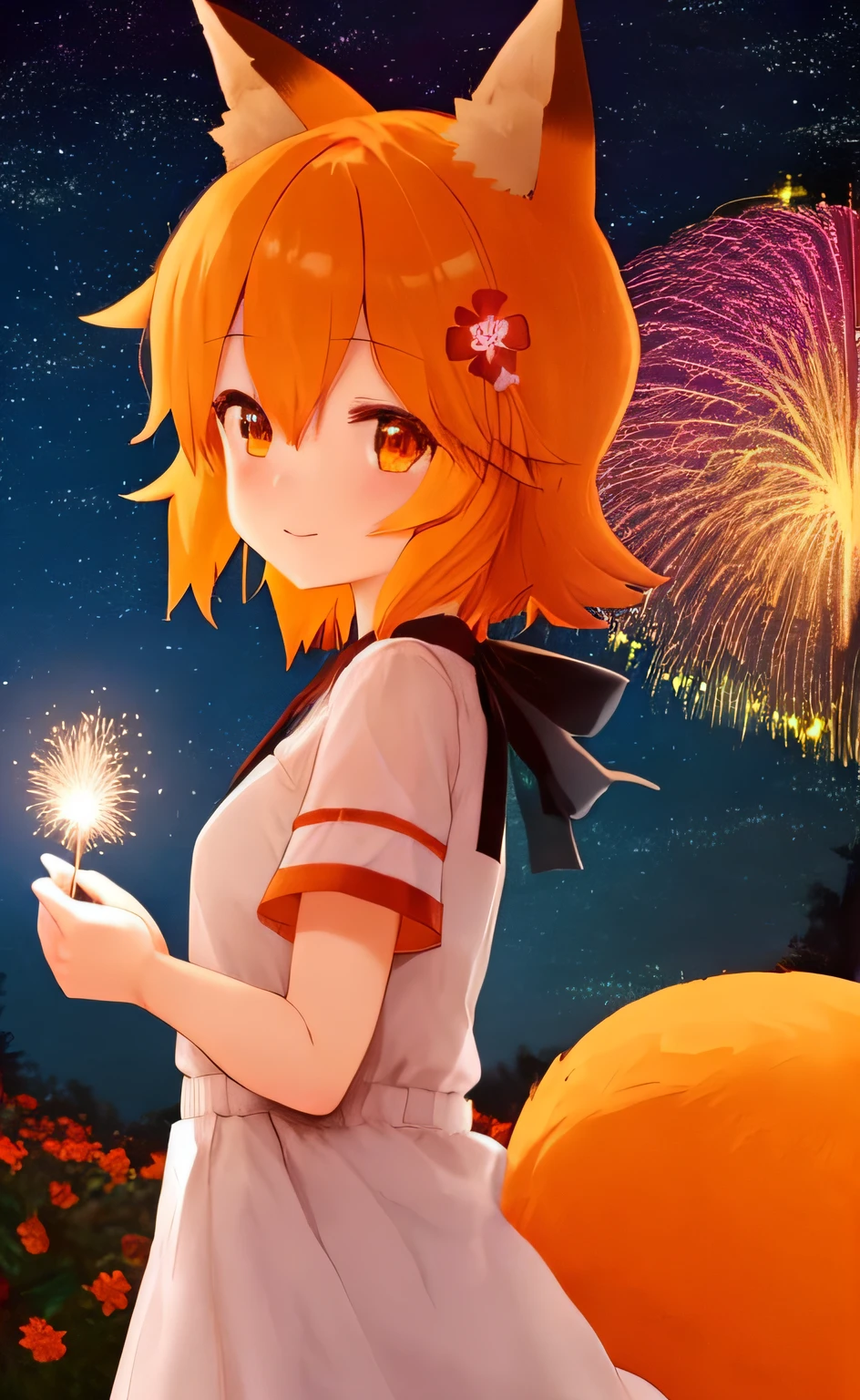 sen, animal ears, Fox ears, fox girl, Fox tail, flower for hair, hair ornament, Orange Eyes, orange hair, Short Hair Hair, tail, Flat Breast,the night,Starry sky,Kind smile,Fireworks,the trees