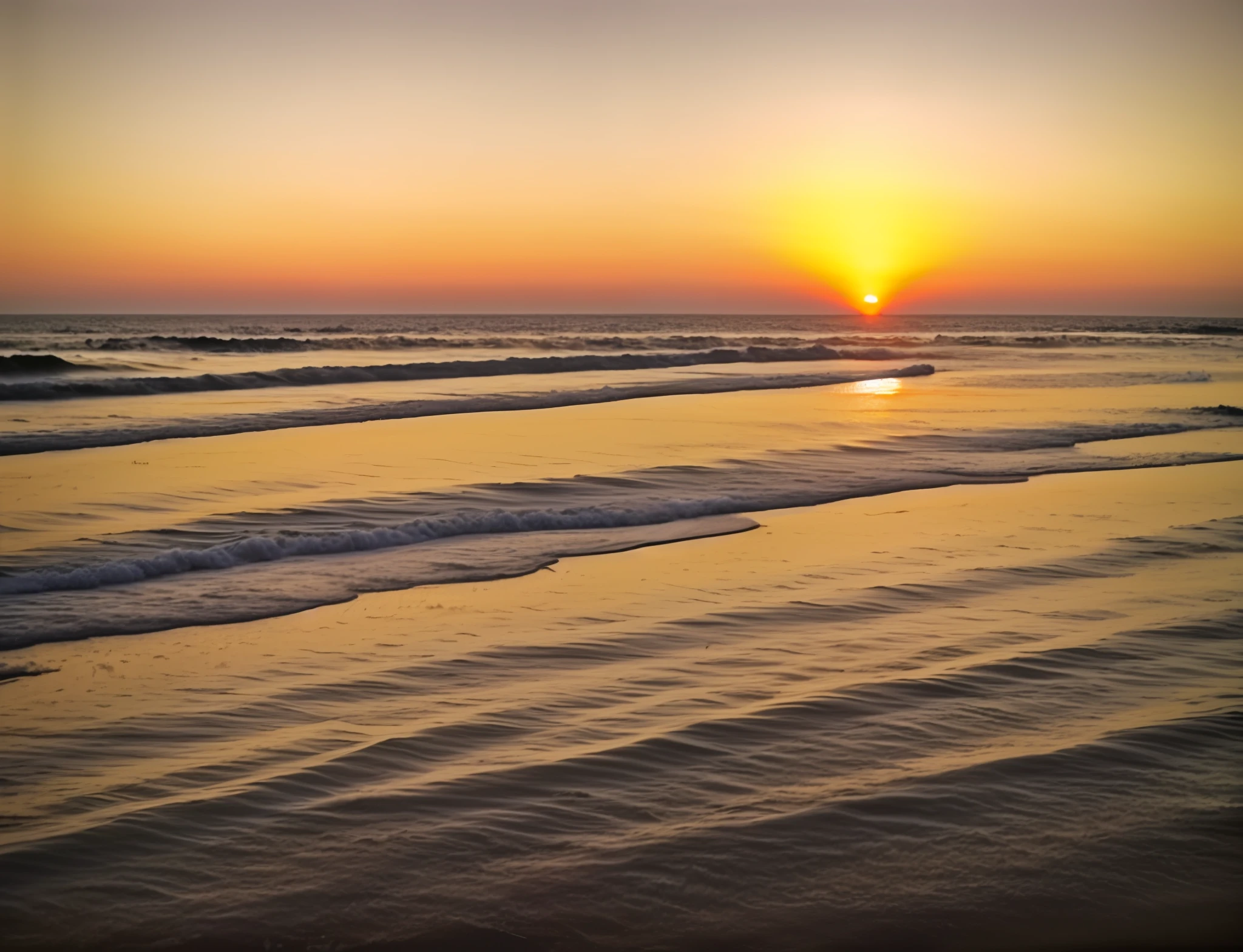 Absolutely mesmerizing sunset on the beach with a mix of oranges, pinks and yellows in the sky. The water is crystal clear, gently kissing the shore, and the white sand is endless. The scenes are action-packed and breathtaking, with seagulls soaring high in the sky and palm trees swaying gently. Immerse yourself in the calm atmosphere and let the serenity surround you.