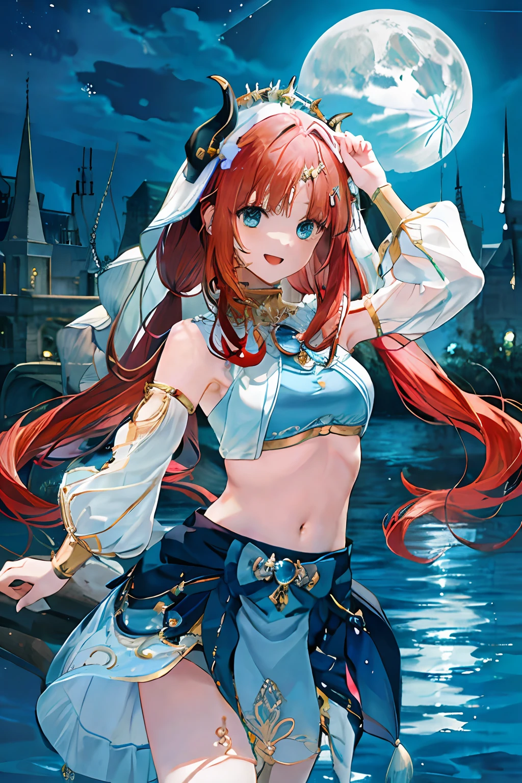 (Realistic painting style:1.1), masterpiece, best quality, absurdres, nilou (neither flower nor mist) (genshin impact), aqua eyes, nilou (genshin impact), fake horns, 1girl, solo, red hair, veil, smile, moon, long hair, crop top, jewelry, horns, night, bracer, brooch, long sleeves, puffy long sleeves, looking at viewer, skirt, bangs, twintails, water, puffy sleeves, sky, neck ring, open mouth, :d, full moon, night sky, flower, harem outfit, gold trim, parted bangs, arm up, breasts, circlet, outdoors, blue skirt, hair ornament, detached sleeves, low twintails, floating hair, gem, hair flower, blue gemstone, hand up, dancer, white headwear, small breasts, stomach, midriff, cowboy shot, blue bow, very long hair