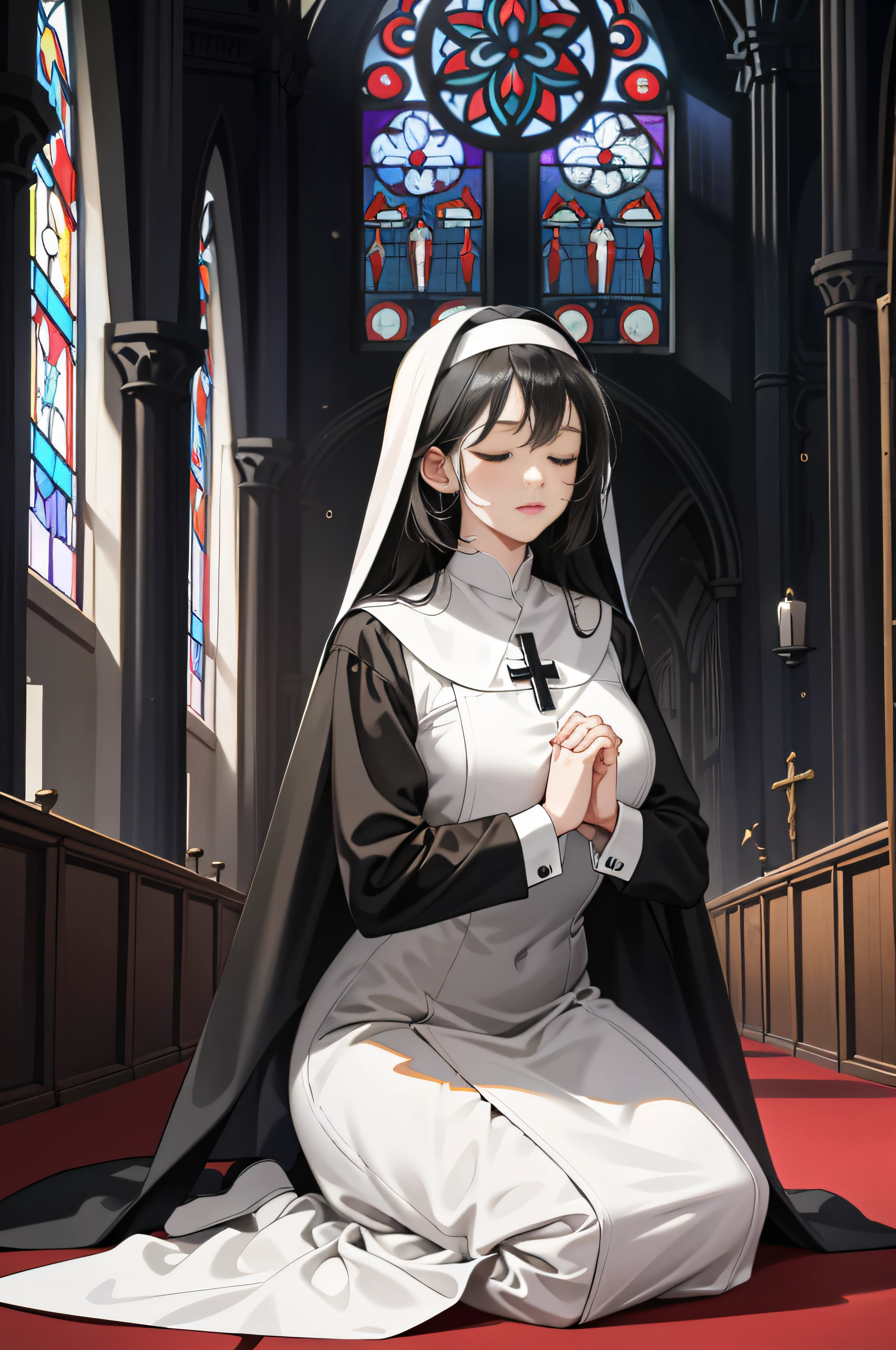 (best qulity,master-piece:1.4),(photorealestic:1.2),(photorealestic:1.2),(absurdities:1.2),4K,detailded,hyper detailed,Digital art of,Detailed face,church,inside room,stained glass colored,Mature women,Huge:1.3,Nun dress,Close your eyes,Kneeling ,praying,Cross your hands over your chest,