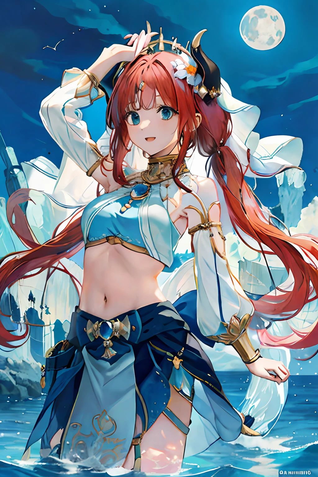 (Realistic painting style:1.1), masterpiece, best quality, absurdres, nilou (neither flower nor mist) (genshin impact), aqua eyes, nilou (genshin impact), fake horns, 1girl, solo, red hair, veil, smile, moon, long hair, crop top, jewelry, horns, night, bracer, brooch, long sleeves, puffy long sleeves, looking at viewer, skirt, bangs, twintails, water, puffy sleeves, sky, neck ring, open mouth, :d, full moon, night sky, flower, harem outfit, gold trim, parted bangs, arm up, breasts, circlet, outdoors, blue skirt, hair ornament, detached sleeves, low twintails, floating hair, gem, hair flower, blue gemstone, hand up, dancer, white headwear, small breasts, stomach, midriff, cowboy shot, blue bow, very long hair