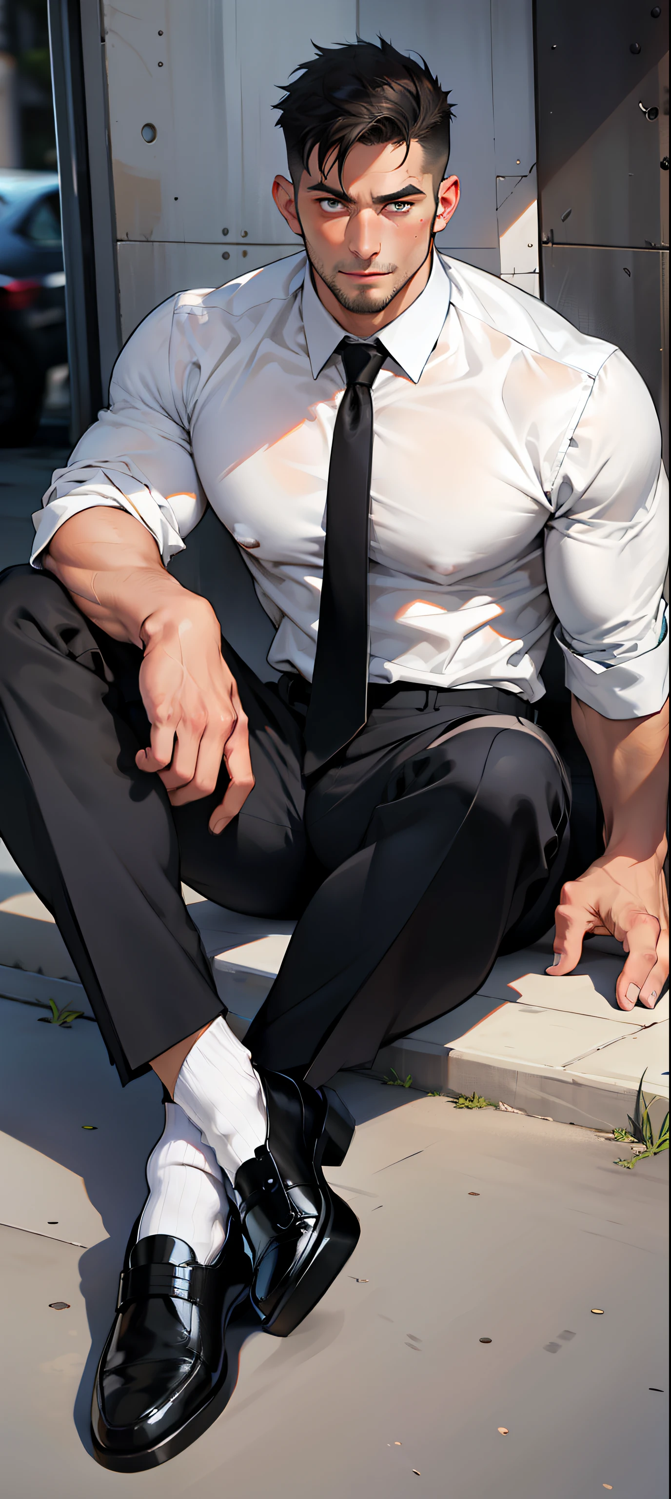 masterpiece, best quality, face, natural eyes, 1man, european, big feet, black socks, (in suit), a businessman in suit, sitting with leg stretched, full body, white shirt, only wear white shirt, black socks, black socks, black socks, leather shoe, large bulge, long legs, looking at viewer, 30 years old, muscled and mature, short haircut, legs streched, sweating, tight cloth, erecting