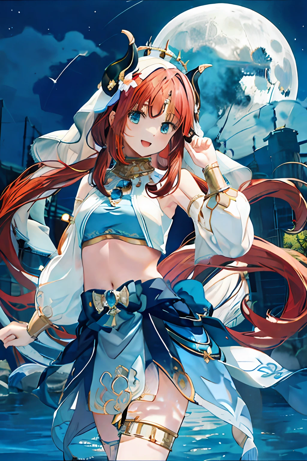 (Realistic painting style:1.1), masterpiece, best quality, absurdres, nilou (neither flower nor mist) (genshin impact), aqua eyes, nilou (genshin impact), fake horns, 1girl, solo, red hair, veil, smile, moon, long hair, crop top, jewelry, horns, night, bracer, brooch, long sleeves, puffy long sleeves, looking at viewer, skirt, bangs, twintails, water, puffy sleeves, sky, neck ring, open mouth, :d, full moon, night sky, flower, harem outfit, gold trim, parted bangs, arm up, breasts, circlet, outdoors, blue skirt, hair ornament, detached sleeves, low twintails, floating hair, gem, hair flower, blue gemstone, hand up, dancer, white headwear, small breasts, stomach, midriff, cowboy shot, blue bow, very long hair