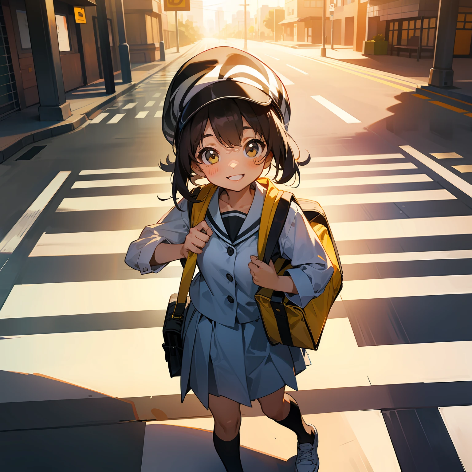 A ，in school uniform，Walk on the zebra crossing，Carrying a yellow school bag，Smile with a hat