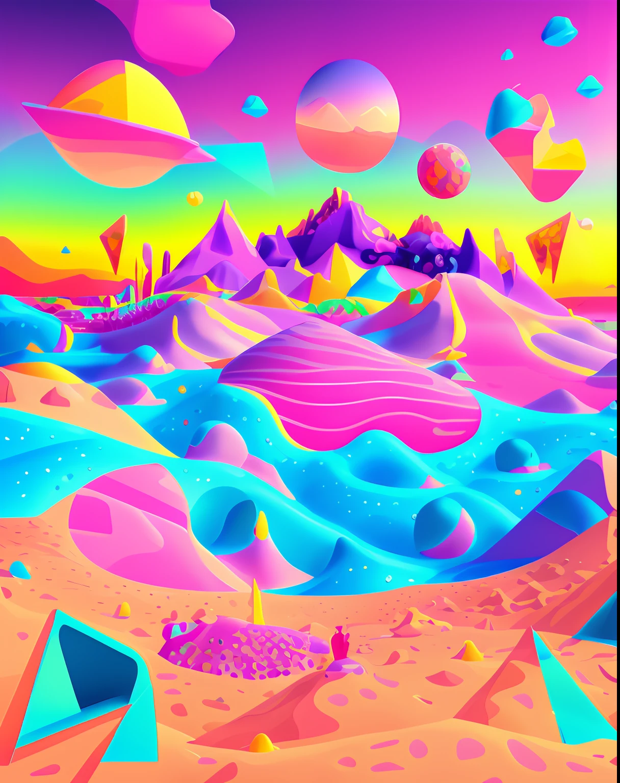 a close up of a colorful desert with a lot of shapes, psychedelic landscape, surreal psychedelic design, surreal design, colorful flat surreal, inspired by Mike Winkelmann, surrealism 8k, colorful illustration, surreal colors, cinema 4d colorful render, abstract 3 d artwork, otherworldly visuals, futuristic but colorful shading, : psychedelic ski resort, surreal 3 d render