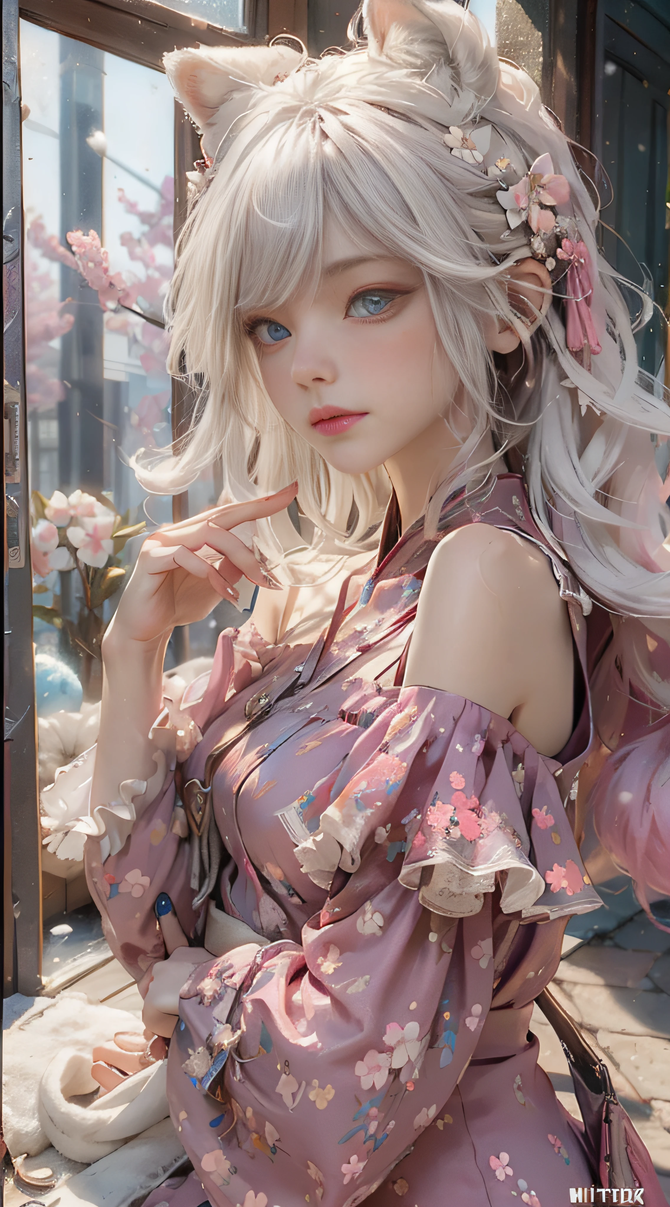（（best qualtiy））， （（tmasterpiece））， （detail：1.4）， Beautiful cyberpunk female images，hdr（HighDynamicRange），Ray traching，NVIDIA RTX，Hyper-Resolution，illusory 5，sub surface scattering，PBR textures，post-proces，Anisotropy Filtering，depth of fields，maximum definition and sharpness，Many-Layer Textures，Albedo e mapas Speculares，Surface coloring，Mitsu-Accurate simulation of material interactions，perfectly proportioned，rendering by octane，Two-colored light，largeaperture，Low ISO，White balance，Rule three points、8K raw data、Beautiful bright blue pupils，off-the-shoulder clothes，Fine pupils，Delicate face and eyes，long eyelasher，Blushlush，Delicate and fluffy hair，pink lip，Pure，Cute face，Sweet girl，Artistic sense，Casual wear，Advancedsense，butterflys，Cherry blossom petal，Beautiful hair accessories，Long hair and waist，Hair fluttering in the wind，Snow-white fox ears，curlies，Snow-white fluffy tail，Positive light，The light from the back window is backlighted