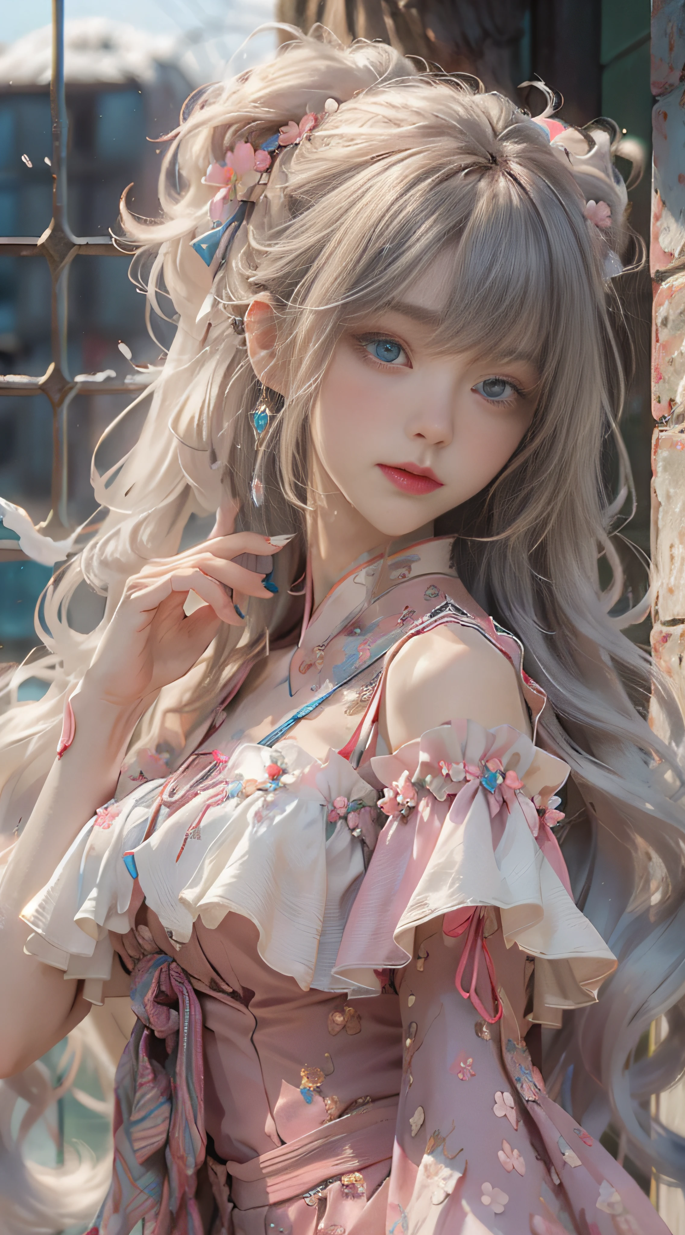 （（best qualtiy））， （（tmasterpiece））， （detail：1.4）， Beautiful cyberpunk female images，hdr（HighDynamicRange），Ray traching，NVIDIA RTX，Hyper-Resolution，illusory 5，sub surface scattering，PBR textures，post-proces，Anisotropy Filtering，depth of fields，maximum definition and sharpness，Many-Layer Textures，Albedo e mapas Speculares，Surface coloring，Mitsu-Accurate simulation of material interactions，perfectly proportioned，rendering by octane，Two-colored light，largeaperture，Low ISO，White balance，Rule three points、8K raw data、Beautiful bright blue pupils，off-the-shoulder clothes，Fine pupils，Delicate face and eyes，long eyelasher，Blushlush，Delicate and fluffy hair，pink lip，Pure，Cute face，Sweet girl，Artistic sense，Casual wear，Advancedsense，butterflys，Cherry blossom petal，Beautiful hair accessories，Long hair and waist，Hair fluttering in the wind，Snow-white fox ears，curlies，Snow-white fluffy tail，Positive light，The light from the back window is backlighted