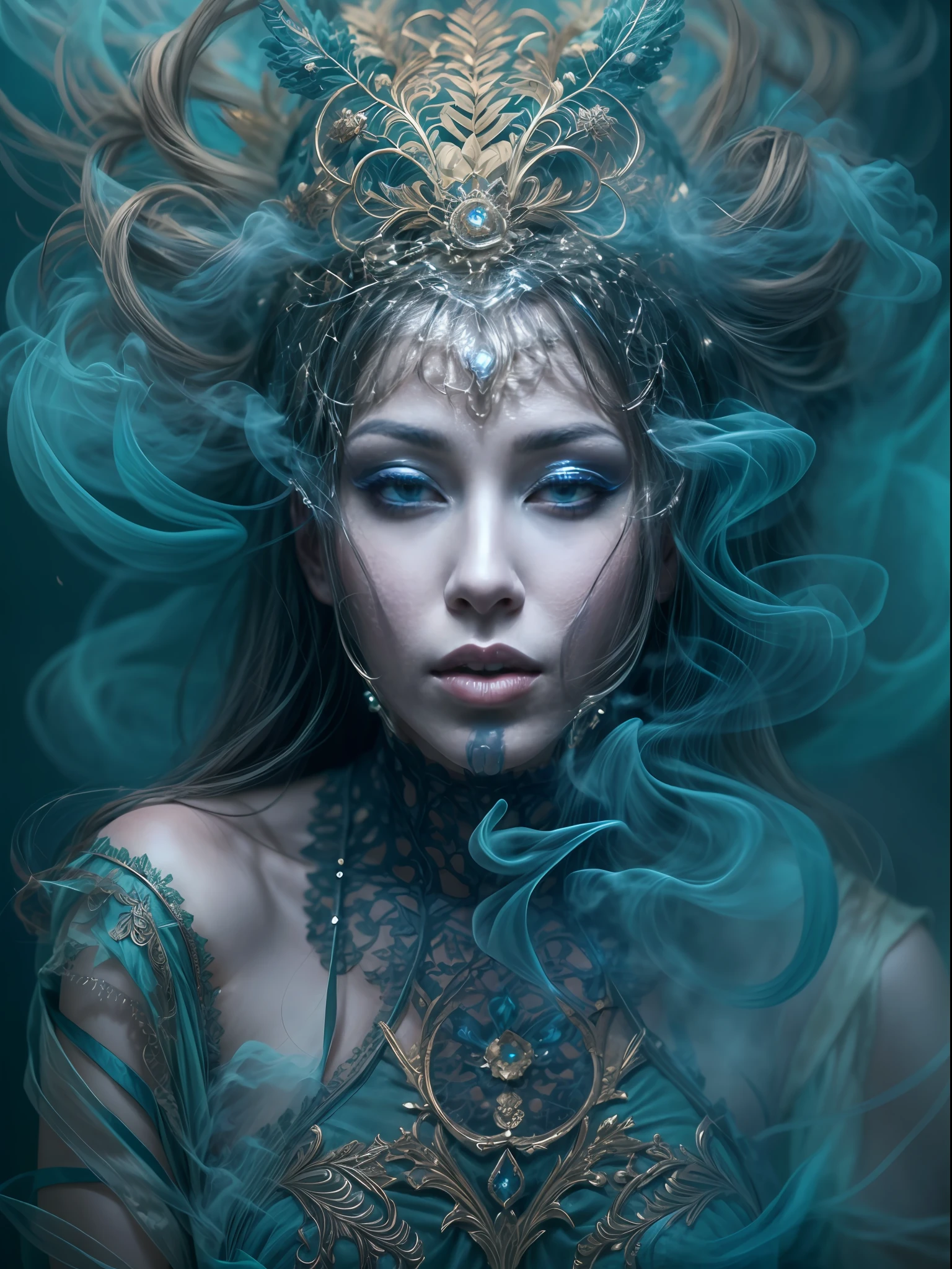In this mesmerizing portrait, a woman elegantly melts into blue smoke while adorned in intricate neopunk armor. The blend of her graceful figure and the ethereal smoke creates a surreal and captivating image.