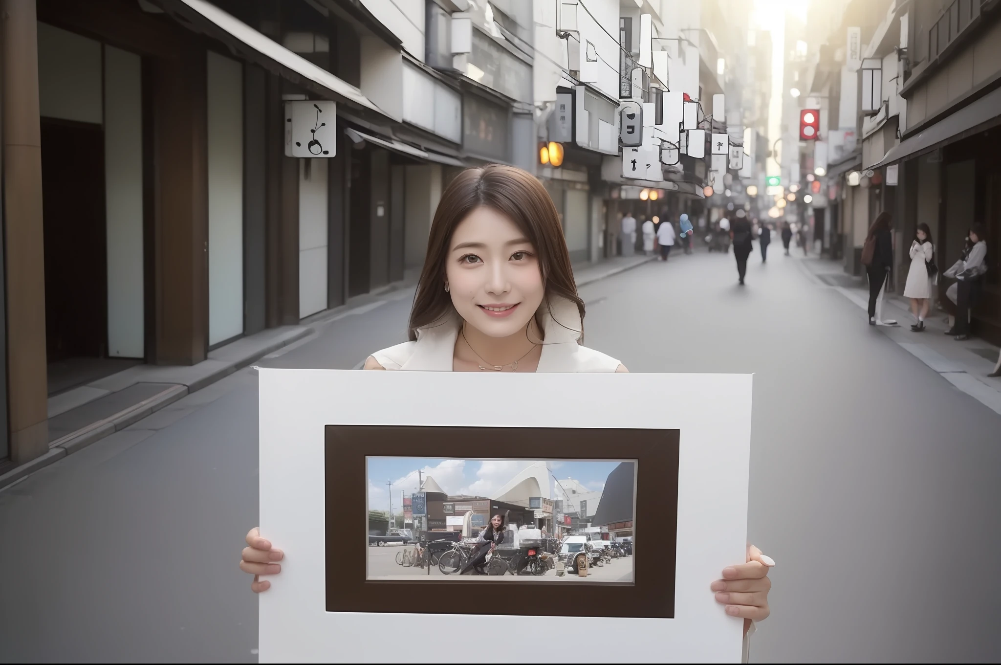 ((top-quality、8K、masterpiece:1.3))、foco nítido:1.2、Perfect Body Beauty:1.4、Slim abs:1.2、((Dark brown long hair、Colossal tits:1.2))、(natural soft light、street corner:1.2)、Highly detailed facial and skin texture、A detailed eye、(二重まぶた)、(((dynamic ungle))),Streets of Tokyo、Silver thin necklace、drooing eyes、Smiling、White blouses、White button shirt、Gentle expression、Beautie、Wavy Hair、Symbol of the Japan gal、Light makeup、(Holding a photo with both hands)、I'll show you the pictures I have.、Introduction to what you have、28 year old