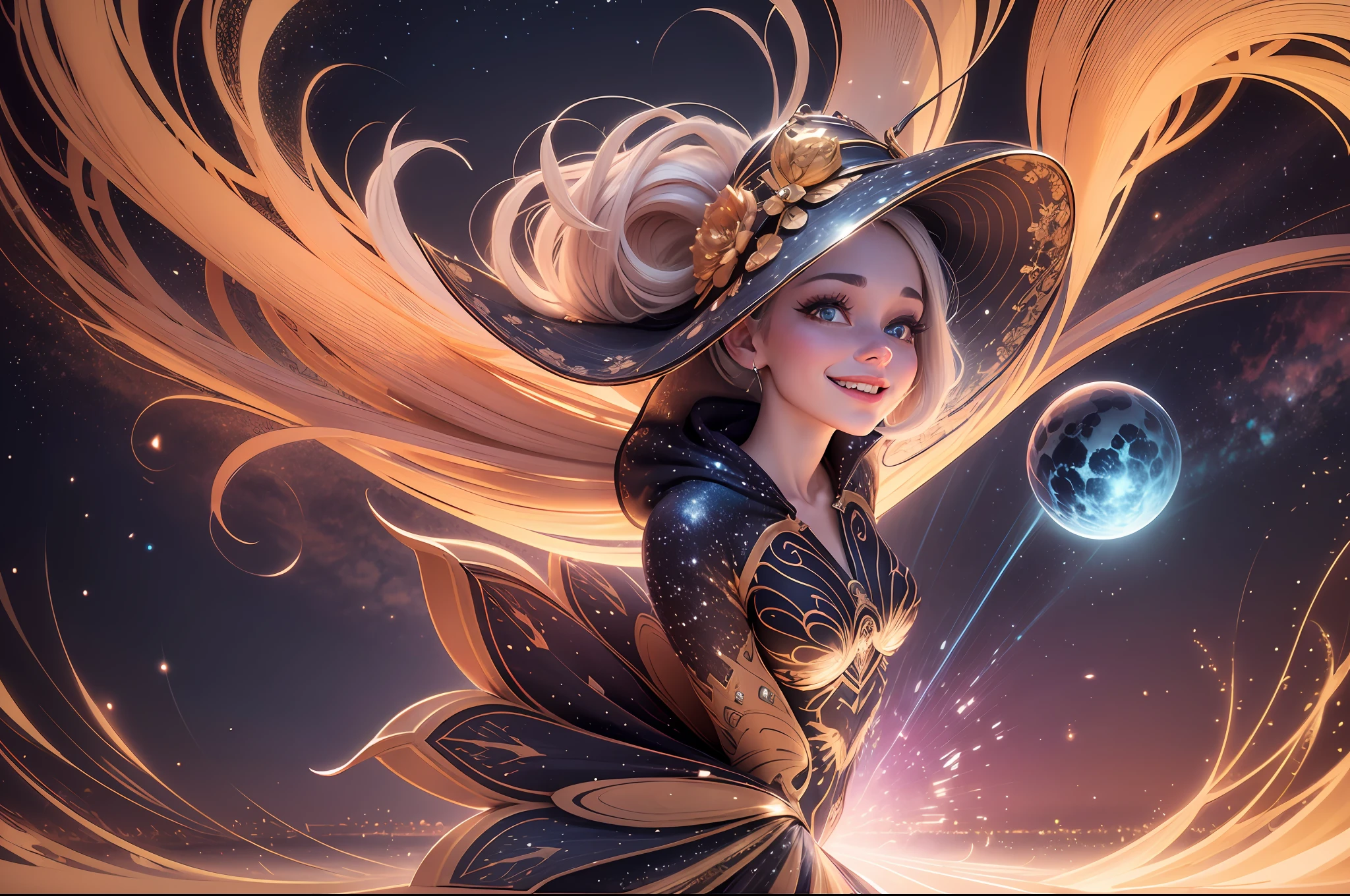 standing centered, Pixar style, 3d style, disney style, 8k, Beautiful, The individual adorned in celestial attire resembling a being from distant galaxies showcases a radiant countenance with the corners of their lips gracefully arched upwards exuding a sense of mirth and contentment, 3D style rendered in 8k using beautiful Disney like animation --auto --s2