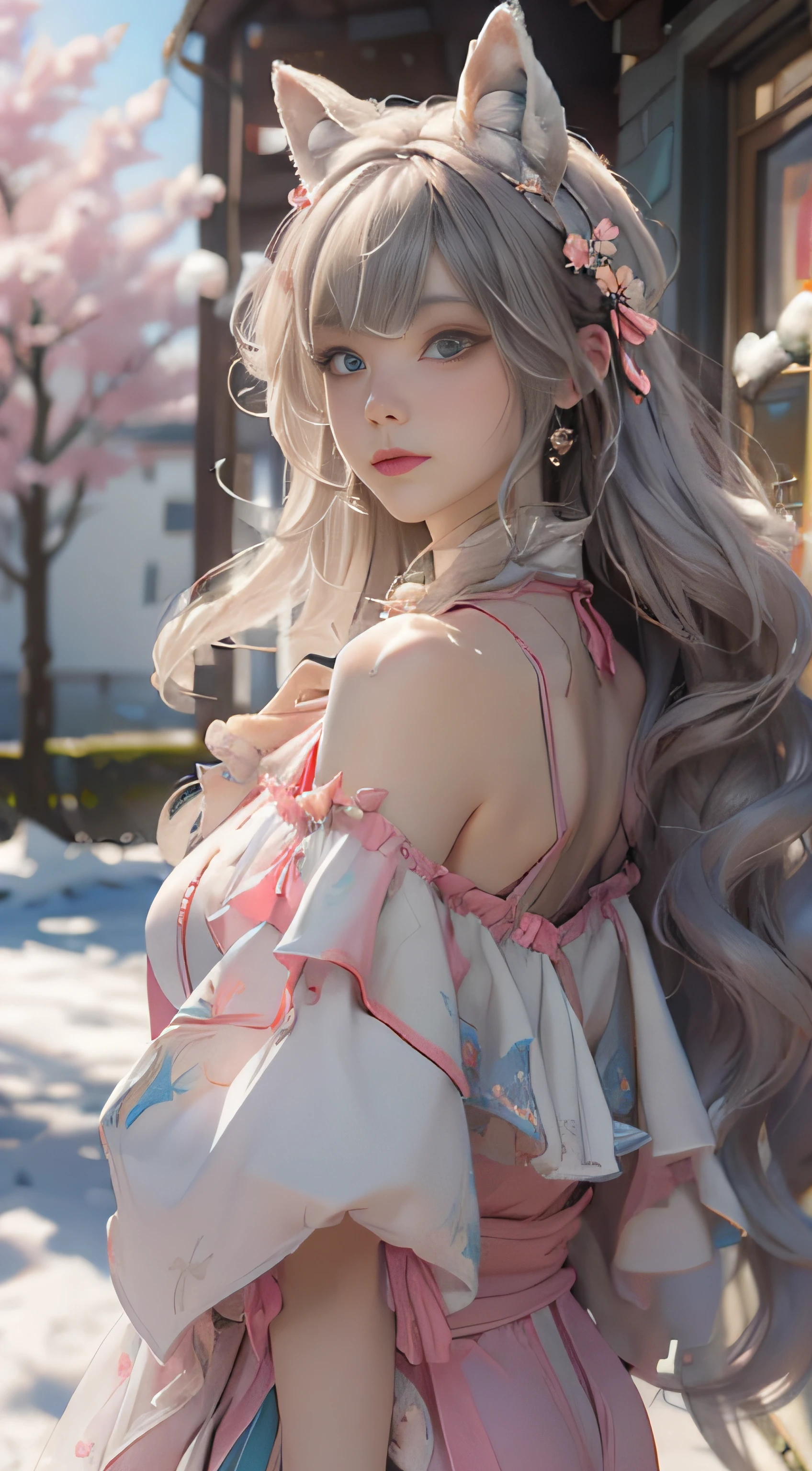 ((best qualtiy)), ((tmasterpiece)), (detail:1.4), Beautiful cyberpunk female images,hdr(HighDynamicRange),Ray traching,NVIDIA RTX,Hyper-Resolution,illusory 5,sub surface scattering,PBR textures,post-proces,Anisotropy Filtering,depth of fields,maximum definition and sharpness,Many-Layer Textures,Albedo e mapas Speculares,Surface coloring,Mitsu-Accurate simulation of material interactions,perfectly proportioned,rendering by octane,Two-colored light,largeaperture,Low ISO,White balance,Rule three points、8K raw data、Beautiful bright blue pupils,off-the-shoulder clothes,Fine pupils,Delicate face and eyes,long eyelasher,Blushlush,Delicate and fluffy hair,pink lip,Pure,Cute face,Sweet girl,Artistic sense,Casual wear,Advancedsense,butterflys,Cherry blossom petal,Beautiful hair accessories,Long hair and waist,Hair fluttering in the wind,Snow-white fox ears,curlies,Snow-white fluffy tail,Positive light,The light from the back window is backlighted
