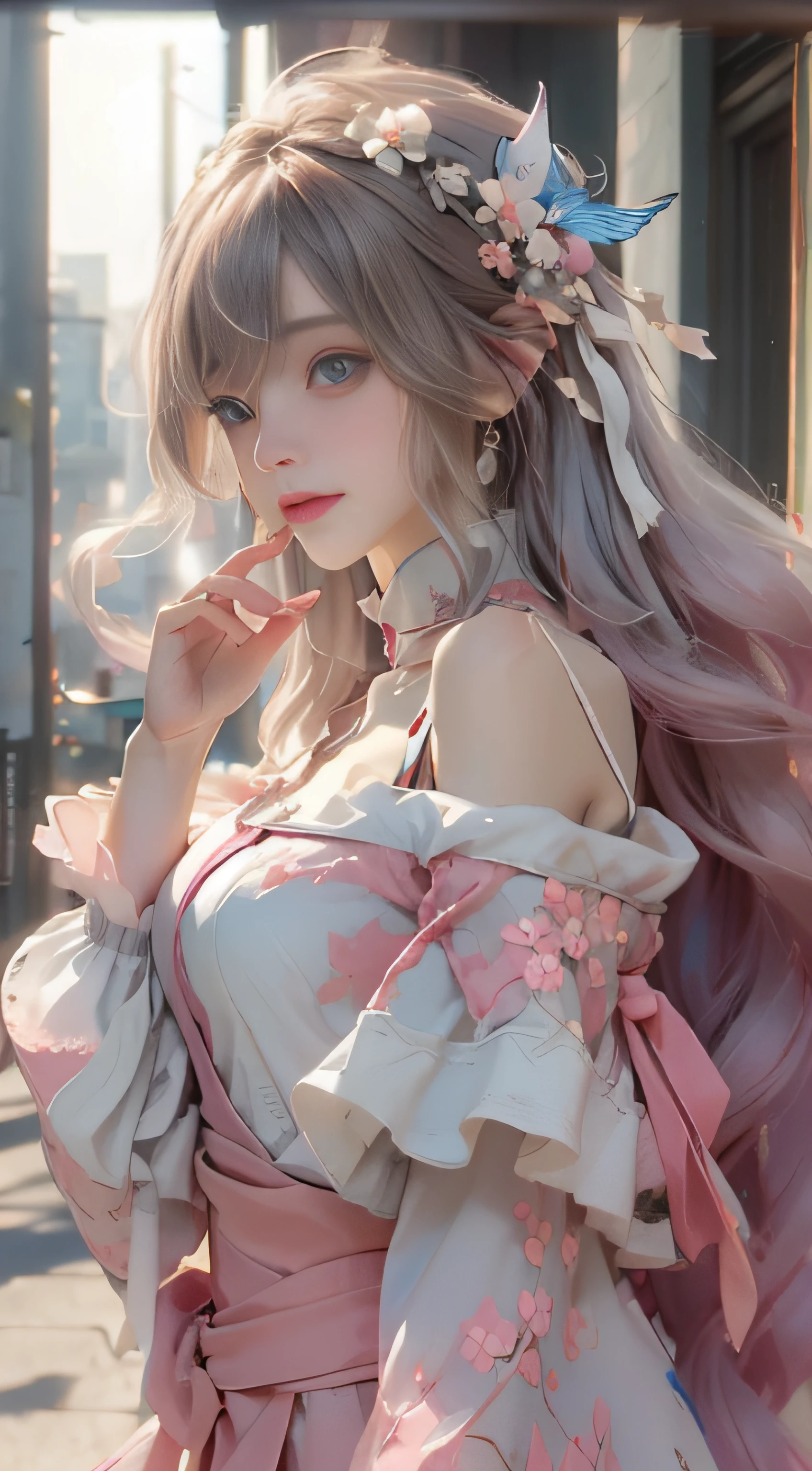 ((best qualtiy)), ((tmasterpiece)), (detail:1.4), Beautiful cyberpunk female images,hdr(HighDynamicRange),Ray traching,NVIDIA RTX,Hyper-Resolution,illusory 5,sub surface scattering,PBR textures,post-proces,Anisotropy Filtering,depth of fields,maximum definition and sharpness,Many-Layer Textures,Albedo e mapas Speculares,Surface coloring,Mitsu-Accurate simulation of material interactions,perfectly proportioned,rendering by octane,Two-colored light,largeaperture,Low ISO,White balance,Rule three points、8K raw data、Beautiful bright blue pupils,off-the-shoulder clothes,Fine pupils,Delicate face and eyes,long eyelasher,Blushlush,Delicate and fluffy hair,pink lip,Pure,Cute face,Sweet girl,Artistic sense,Casual wear,Advancedsense,butterflys,Cherry blossom petal,Beautiful hair accessories,Long hair and waist,Hair fluttering in the wind,Snow-white fox ears,curlies,Snow-white fluffy tail,Positive light,The light from the back window is backlighted