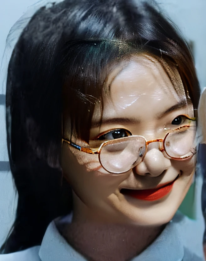 Extremely detailed 8K wallpaper，14-year-old girl，Youth cute，Small，Melon seed face，Wears transparent glasses，Smile sweetly，Raised sexy，Charming