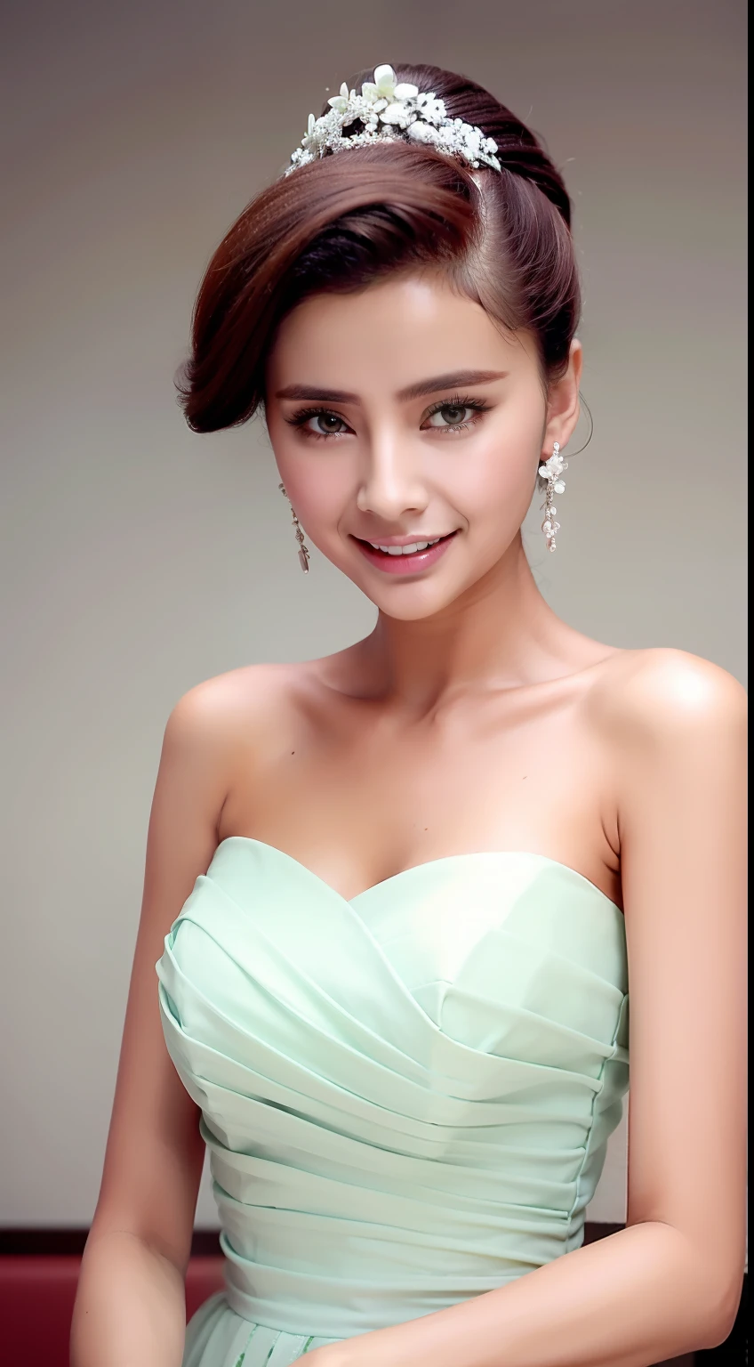 Fashion model 18 years old [[[[closeup cleavage]]]], [[[[boobgasm]]]], [[[[coll]]]], [[[[bshoulders]]]], perfect  eyes, Perfect iris，Perfect lips，perfect teeth，Perfect skin，Soft front light，hdr，Movie girl，Pale green evening dress，long whitr hair，The background is indoors，Flowers in the background（pastel colour：1.2）