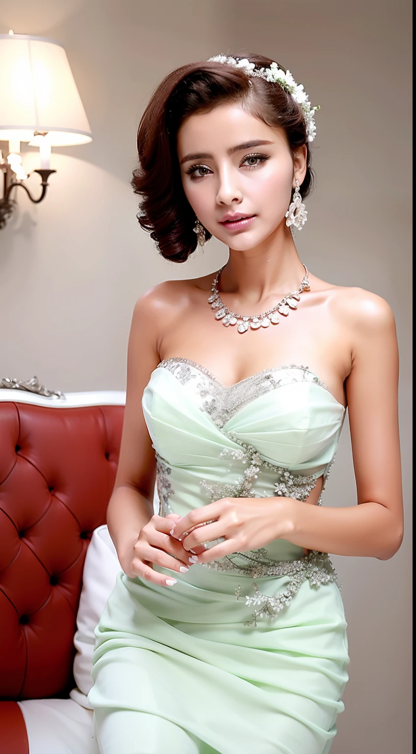 Fashion model 18 years old [[[[closeup cleavage]]]], [[[[boobgasm]]]], [[[[coll]]]], [[[[bshoulders]]]], perfect  eyes, Perfect iris，Perfect lips，perfect teeth，Perfect skin，Soft front light，hdr，Movie girl，Pale green evening dress，long whitr hair，The background is indoors，Flowers in the background（pastel colour：1.2）