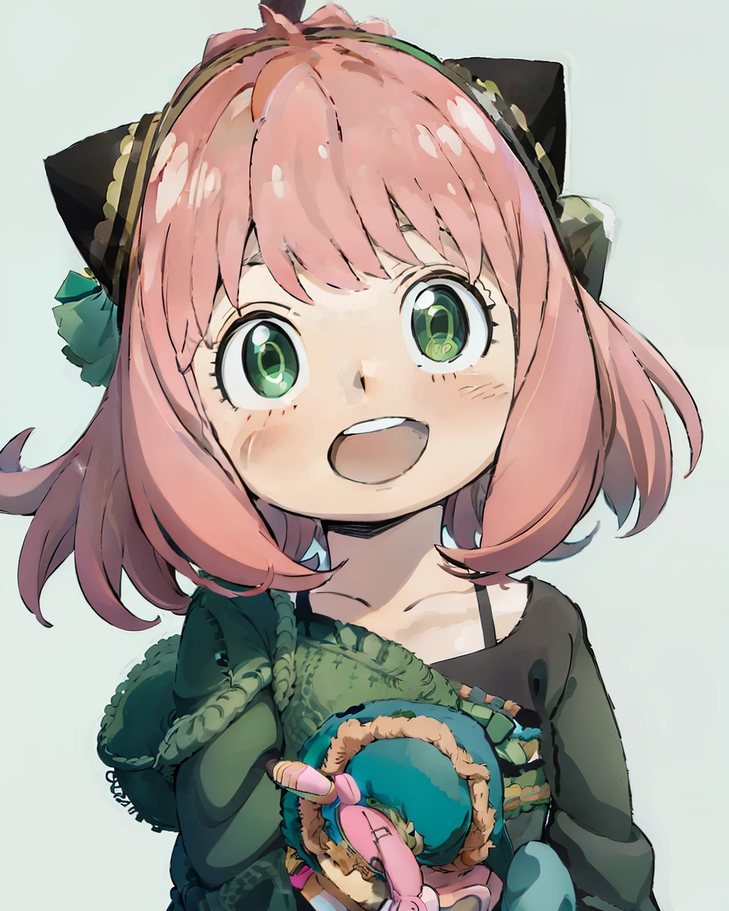 a anime girl with pink hair and green eyes pointing at something with a surprised look on her face and a black cat hat, (1girl:0.992), (:d:0.583), (bangs:0.701), (blush:0.584), (green eyes:0.992), (looking at viewer:0.711), (open mouth:0.760), (pink hair:0.917), (ribbon:0.826), (short hair:0.571), (smile:0.855), (solo:0.949), (teeth:0.770), (upper body:0.760)