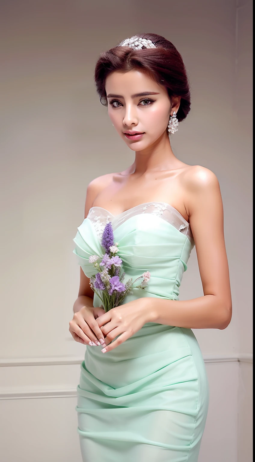 Fashion model 18 years old [[[[closeup ]]]], [[[[boobgasm, [[[[coll]]]], [[[[bshoulders]]]], perfect  eyes, Perfect iris，Perfect lips，perfect teeth，Perfect skin，Soft front light，hdr，Movie girl，Pale green evening dress，long whitr hair，The background is indoors，Flowers in the background（pastel colour：1.2）