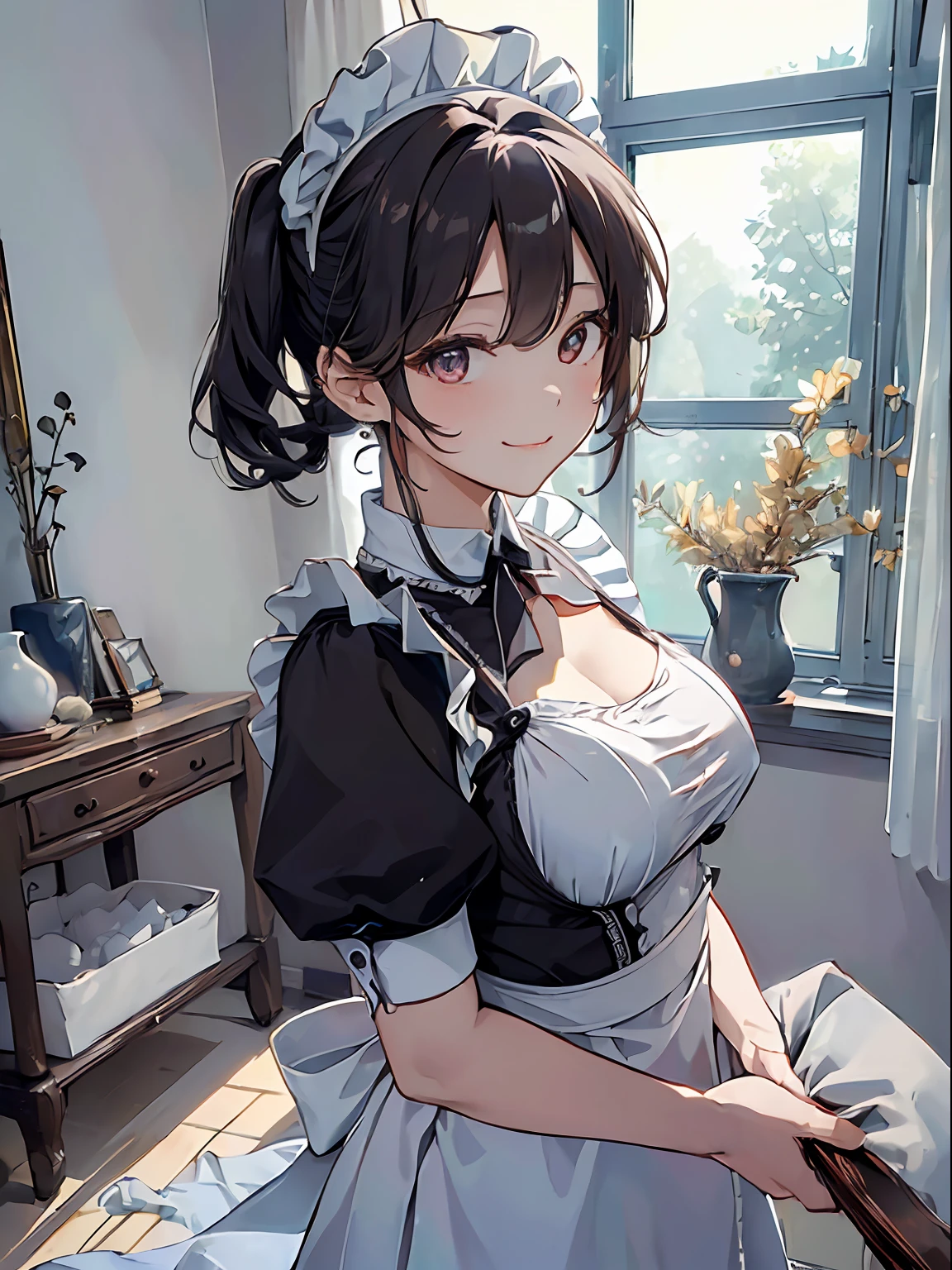 ((top-quality、8K、​masterpiece:1.3))、1girl in、(maid clothes:1.4),(Colossal tits:1.2)、Maid headdress,an ultra-Small Face、A detailed eye、二重まぶた、A smile、Luxurious room、Focus