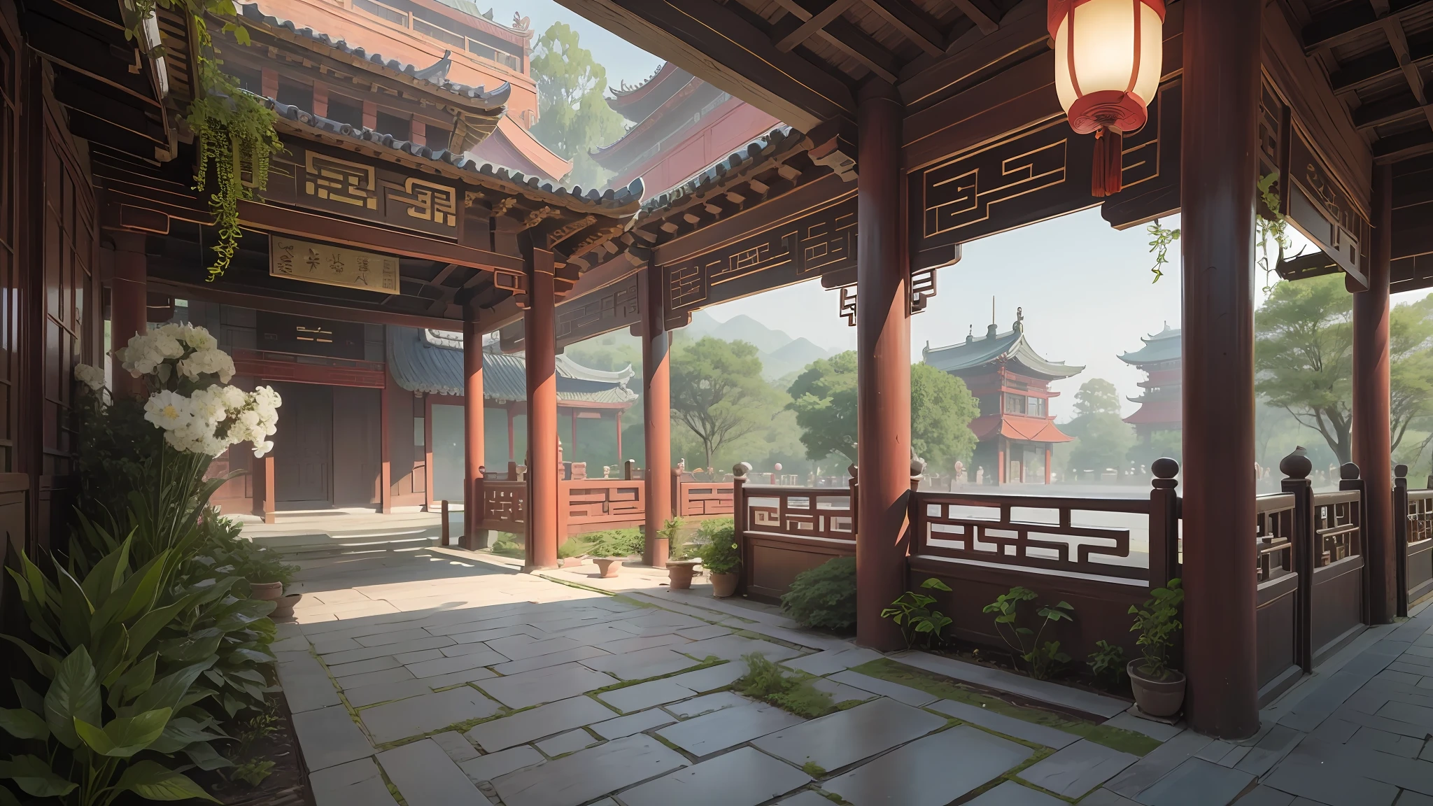 China-style,Ancient architecture,trpical garden,gazebo,Trees, flowers and plants。