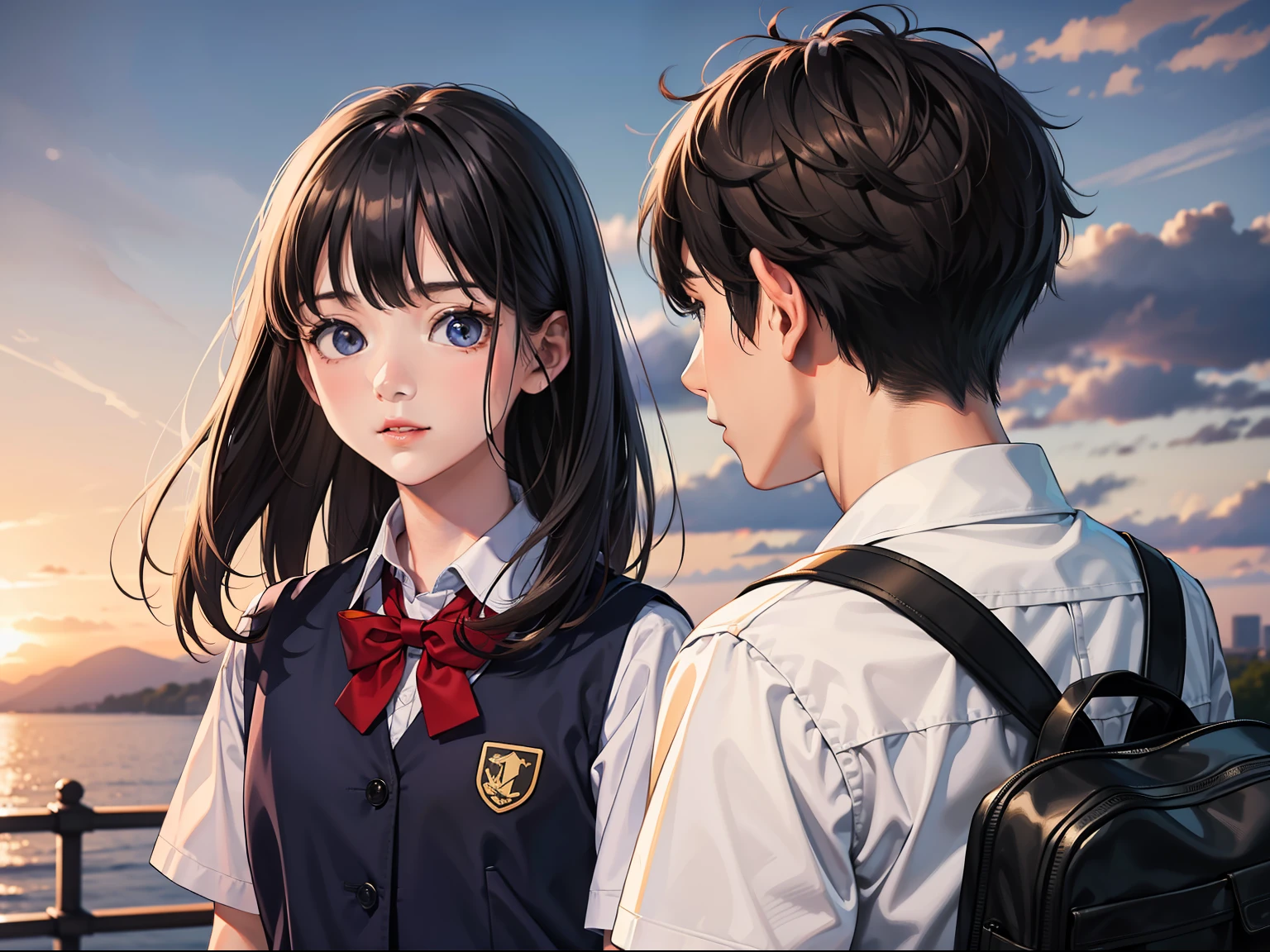 A boy and a girl wearing a school uniform face to face with a long view Face clear face 8K super resolution