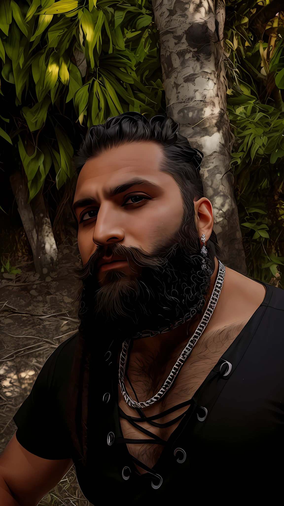 There is a man with a beard and chain around his neck, with a full black beard, full beard, thick black beard, profile picture, full silver beard, with black beard and shirt, thick beard, bearded man, about 30 years old, man with beard, black curly beard
