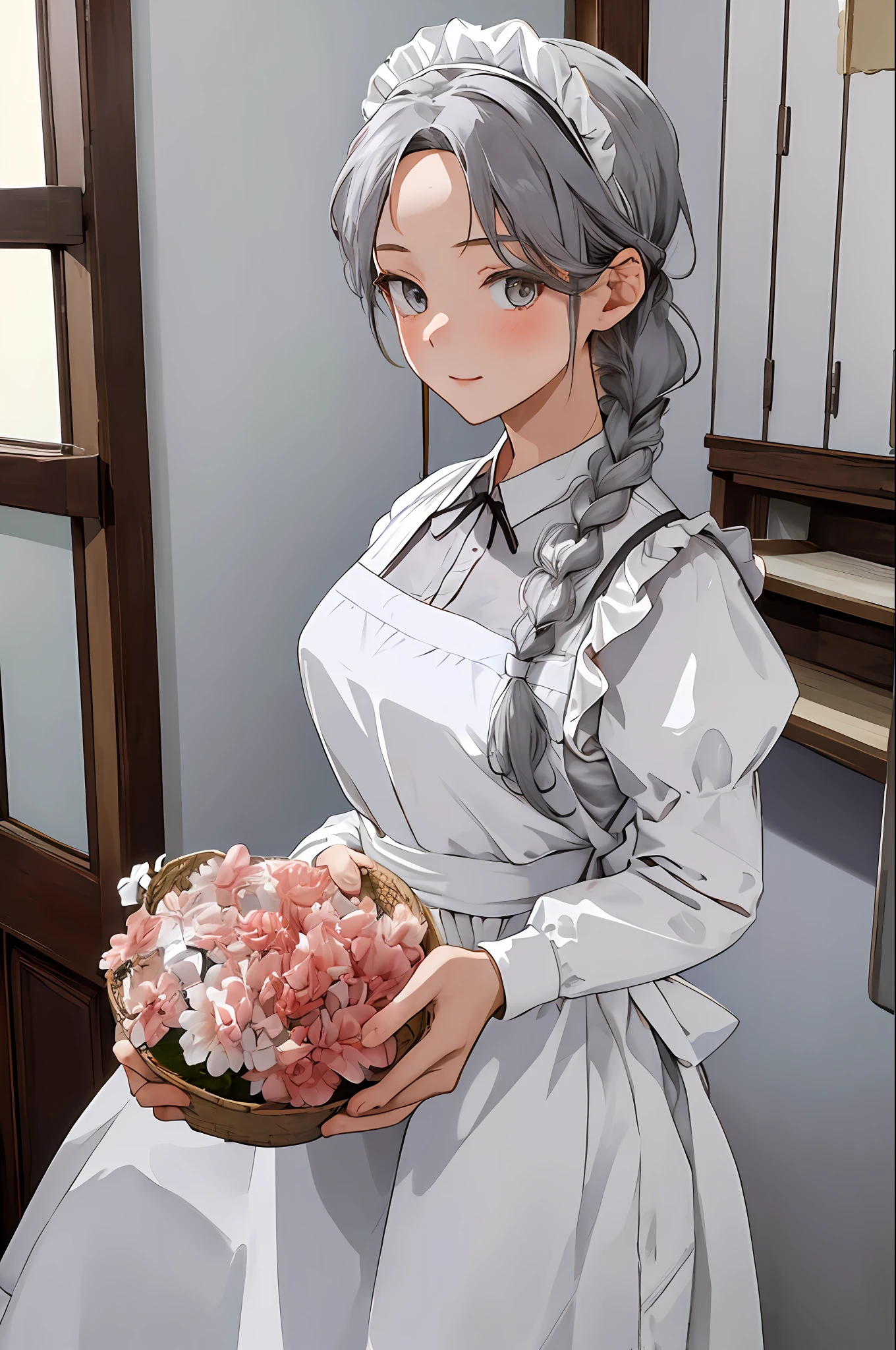 masterpiece, best quality, highres, 1girl, solo, braided ponytail, single braid, grey eyes, grey hair, maid, maid headdress, maid apron, indoors, own hands together,