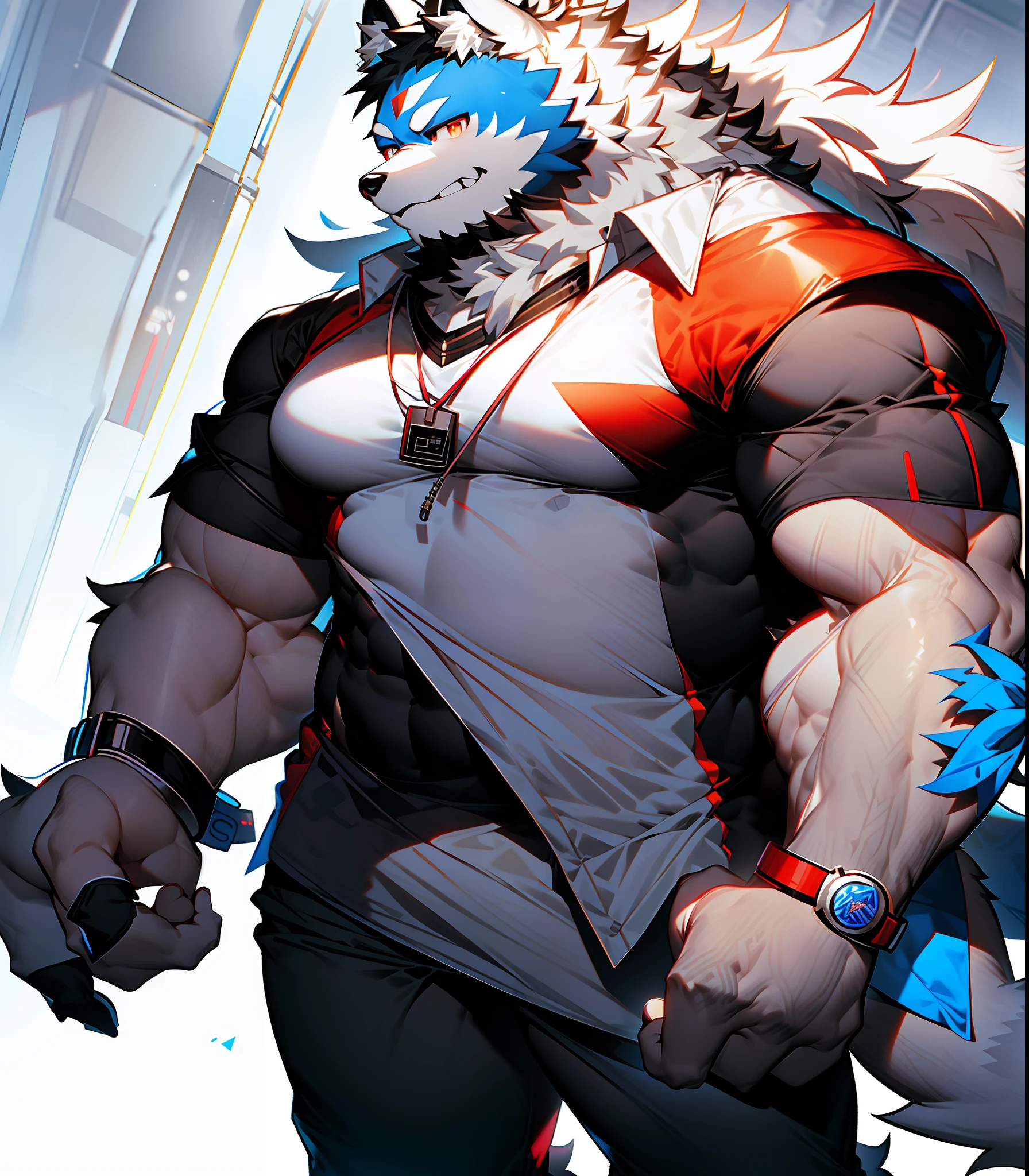 coyote，Furry，Blue pattern，Black hair，musculature，Muscle men，nakeness，Strong，ultraclear，Has a large ，Collar，Black  shorts，Black sclera，red pupils，Abs，Red coat，The erection，Collar，Has a large ，der riese，tit，Solo，Stout arms，Storm jacket，Badge，Pronounced abs，ssmile，lbeard，Dim lighting，Dark atmosphere，subway station background，Dim light，