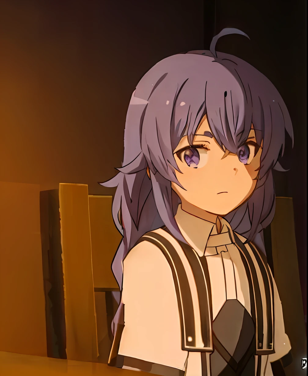 A close-up，A person sits at a table，，The expression is distant，is a Hajim Yatath character in Ayaka Genshin Impact，Presenting anime moe art style，The image comes from an animated movie or a screenshot from an animated movie，The time is the 2012s。