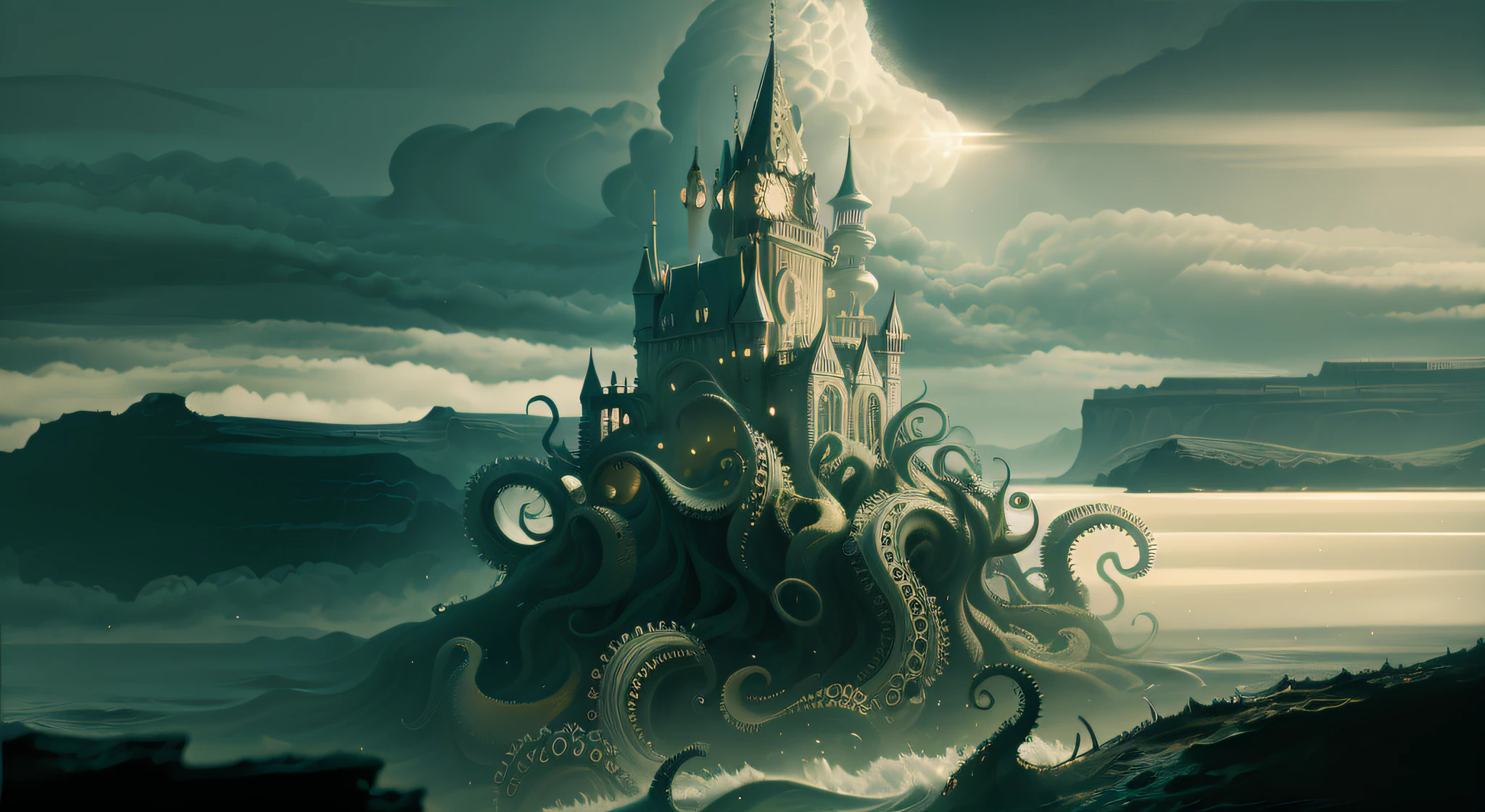 mar revolto, ondas grandes, ripples, ondas batendo nos rochedos, paisagem lovecraftiana, Simply magical, obra-prima.