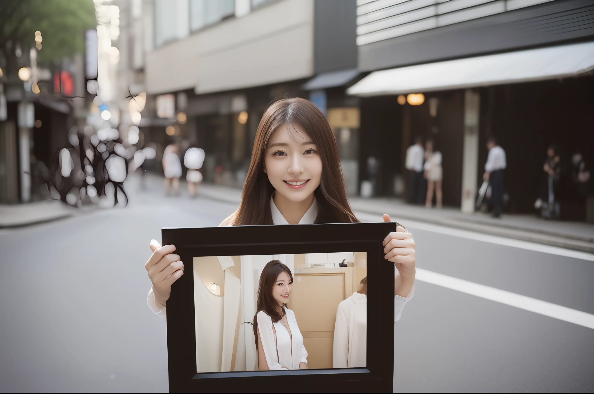 ((top-quality、8K、masterpiece:1.3))、foco nítido:1.2、Perfect Body Beauty:1.4、Slim abs:1.2、((Dark brown long hair、Colossal tits:1.2))、(natural soft light、street corner:1.2)、Highly detailed facial and skin texture、A detailed eye、(二重まぶた)、(((dynamic ungle))),Streets of Tokyo、Silver thin necklace、Smiling、White blouses、White button shirt、Gentle expression、Beautie、Wavy Hair、Symbol of the Japan gal、Light makeup、(Holding a photo with both hands)、I'll show you the pictures I have.、Introduction to what you have、28 year old