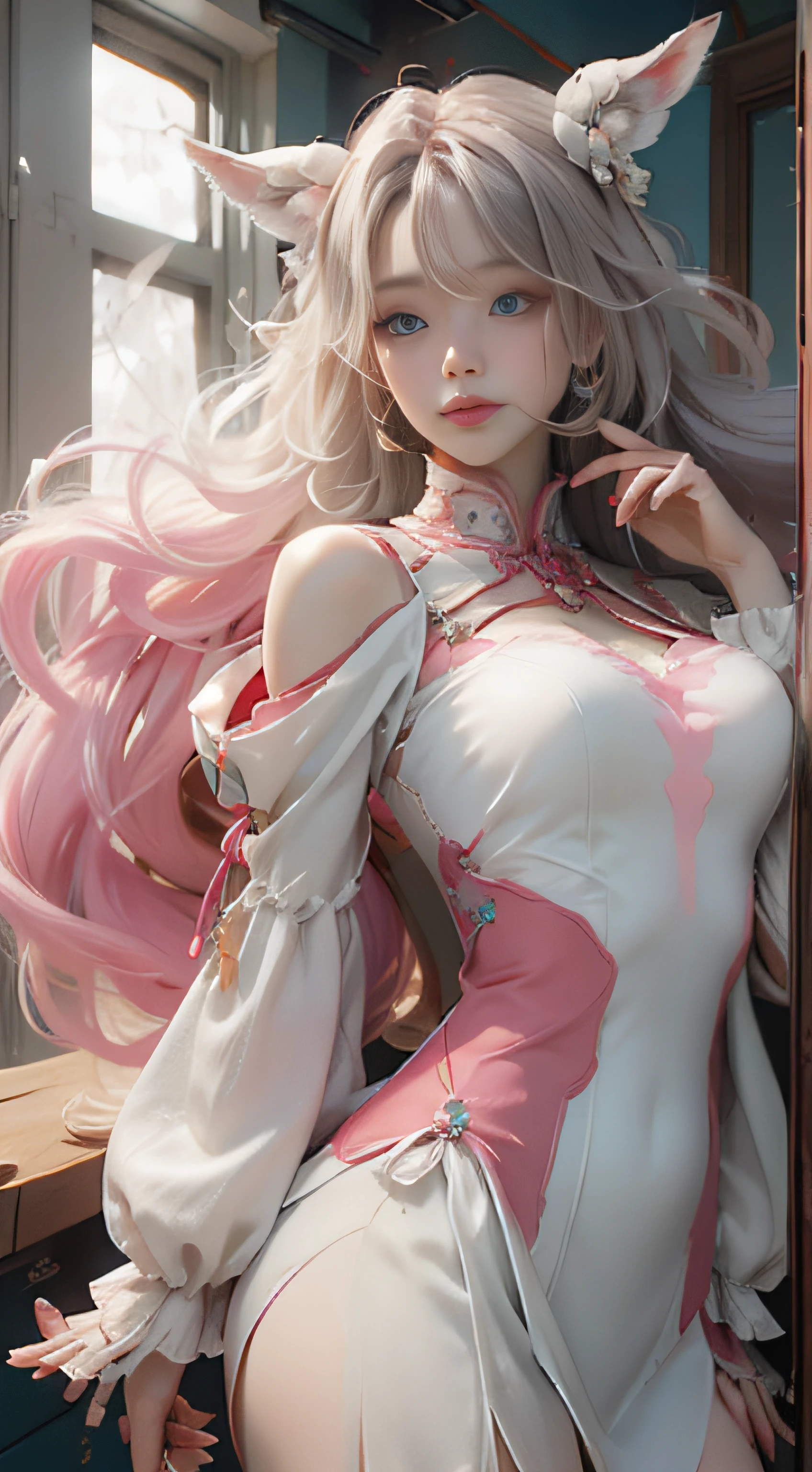 ((best qualtiy)), ((tmasterpiece)), (detail:1.4), Beautiful cyberpunk female images,hdr(HighDynamicRange),Ray traching,NVIDIA RTX,Hyper-Resolution,illusory 5,sub surface scattering,PBR textures,post-proces,Anisotropy Filtering,depth of fields,maximum definition and sharpness,Many-Layer Textures,Albedo e mapas Speculares,Surface coloring,Mitsu-Accurate simulation of material interactions,perfectly proportioned,rendering by octane,Two-colored light,largeaperture,Low ISO,White balance,Rule three points、8K raw data、Beautiful bright blue pupils,off-the-shoulder clothes,Fine pupils,Delicate face and eyes,long eyelasher,Blushlush,Delicate and fluffy hair,pink lip,Pure,Cute face,Sweet girl,Artistic sense,Casual wear,Advancedsense,butterflys,Cherry blossom petal,Beautiful hair accessories,Long hair and waist,Hair fluttering in the wind,Snow-white fox ears,curlies,Snow-white fluffy tail,Positive light,The light from the back window is backlighted