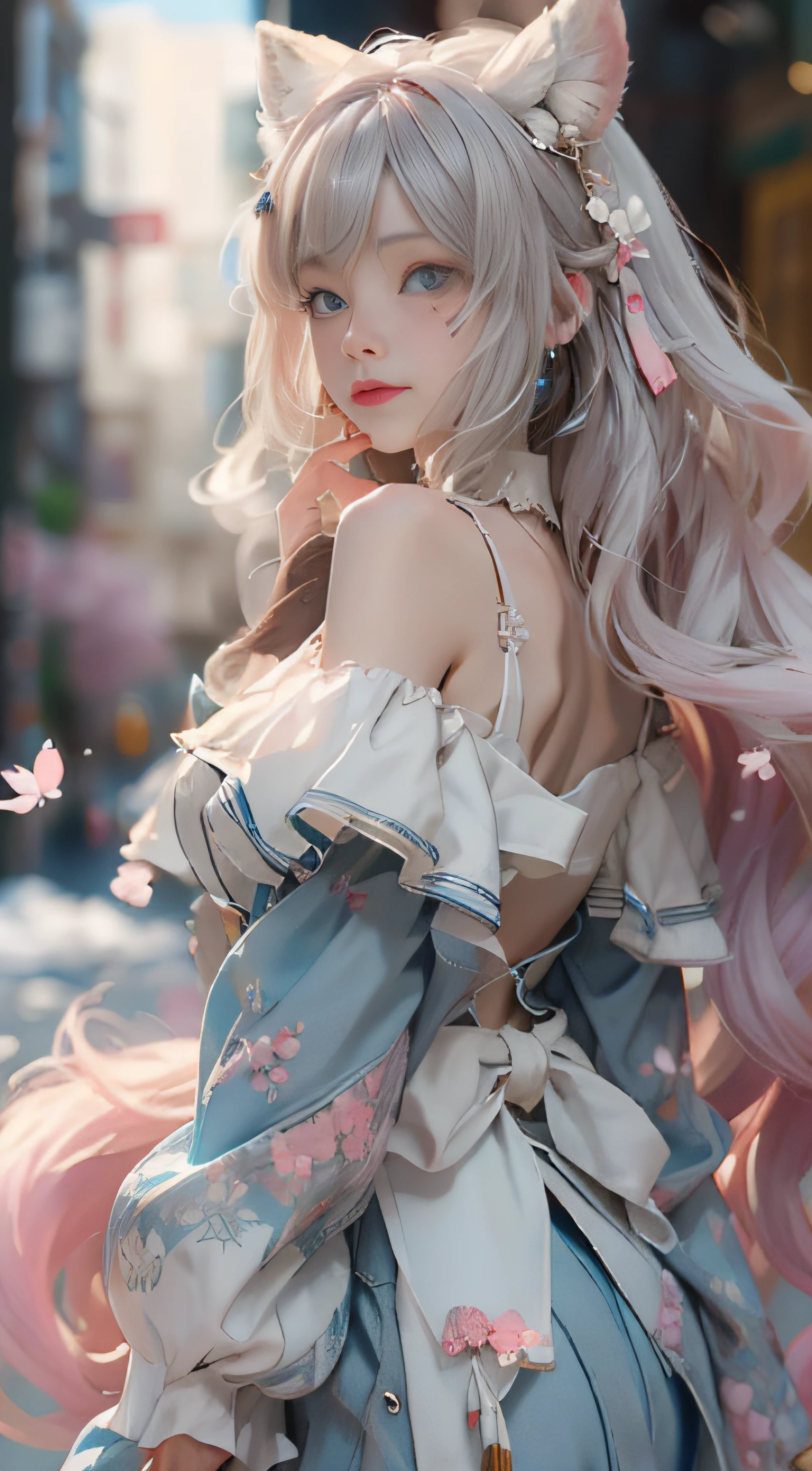 （（best qualtiy））， （（tmasterpiece））， （detail：1.4）， Beautiful cyberpunk female images，hdr（HighDynamicRange），Ray traching，NVIDIA RTX，Hyper-Resolution，illusory 5，sub surface scattering，PBR textures，post-proces，Anisotropy Filtering，depth of fields，maximum definition and sharpness，Many-Layer Textures，Albedo e mapas Speculares，Surface coloring，Mitsu-Accurate simulation of material interactions，perfectly proportioned，rendering by octane，Two-colored light，largeaperture，Low ISO，White balance，Rule three points、8K raw data、Beautiful bright blue pupils，off-the-shoulder clothes，Fine pupils，Delicate face and eyes，long eyelasher，Blushlush，Delicate and fluffy hair，pink lip，Pure，Cute face，Sweet girl，Artistic sense，Casual wear，Advancedsense，butterflys，Cherry blossom petal，Beautiful hair accessories，Long hair and waist，Hair fluttering in the wind，Snow-white fox ears，curlies，Snow-white fluffy tail，Positive light，The light from the back window is backlighted