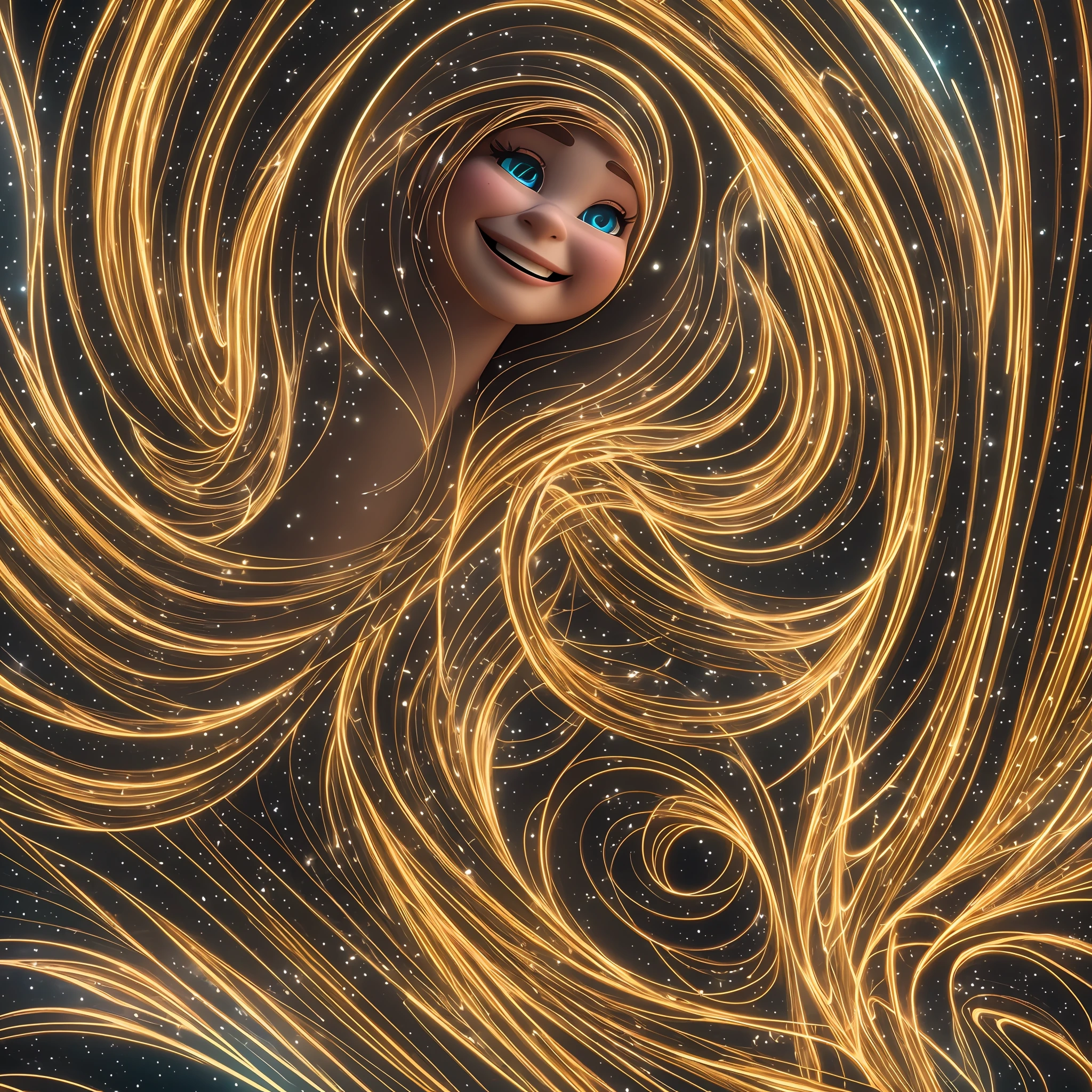 standing centered, Pixar style, 3d style, disney style, 8k, Beautiful, The individual adorned in celestial attire resembling a being from distant galaxies showcases a radiant countenance with the corners of their lips gracefully arched upwards exuding a sense of mirth and contentment, 3D style rendered in 8k using beautiful Disney like animation --auto --s2