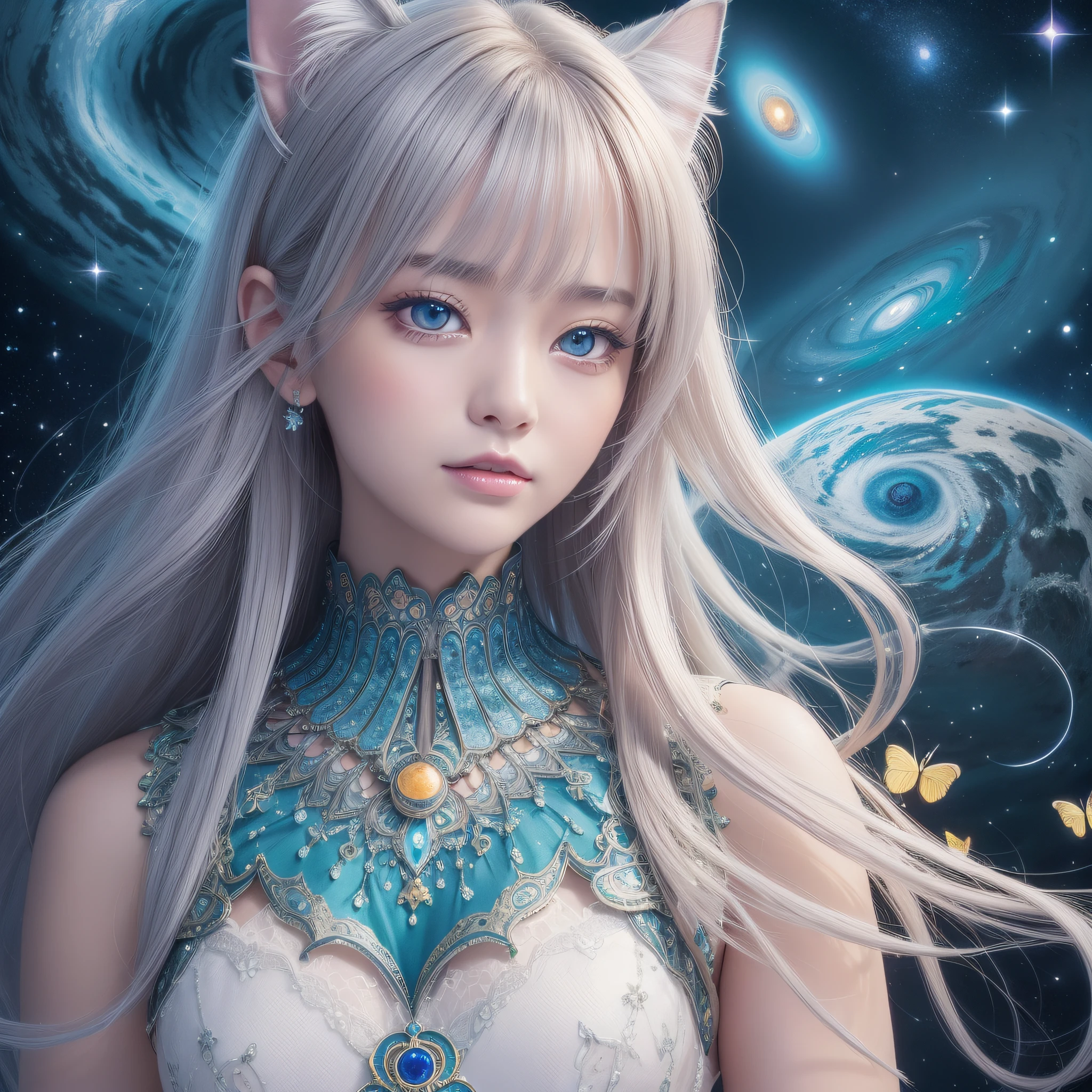 write、Face Close-up、Face Zoom、(masterpiece、top-quality、top-quality、Beautifully Aesthetic:1.2)、(1girl in:1.3)、ighly detailed、(Fractal Art:1.2)、Cover with all colors、colourfull、highestdetailed、(Zentangle:1.2)、(The background is cosmic:1.5)、(Light dresses:1.2)、(shinny skin)、(Many colors:1.4)、faces、masterpiece、top-quality、hightquality、hight resolution、16 K、raw、超A high resolution、The ultra-detailliert、detaile、extremely delicate and beautiful、A highly detailed、real shadow、animesque、highly detailed painting、Award-winning paintings、Superb Painting、Art styles、((Cute cat in clothes)),Anthropomorphic representation, Rich colors, exquisitedetails, (masutepiece,Best Quality:1.5), (Butterfly exquisite CG), (High resolution:1.5)、(deep dark green eyes、Sapphire green eyes、round and large eyes)(Smile with the corners of your mouth raised、Open your mouth a little、lipgloss)、(short silver hair、fluffy hair)、(the background is the universe、shine)