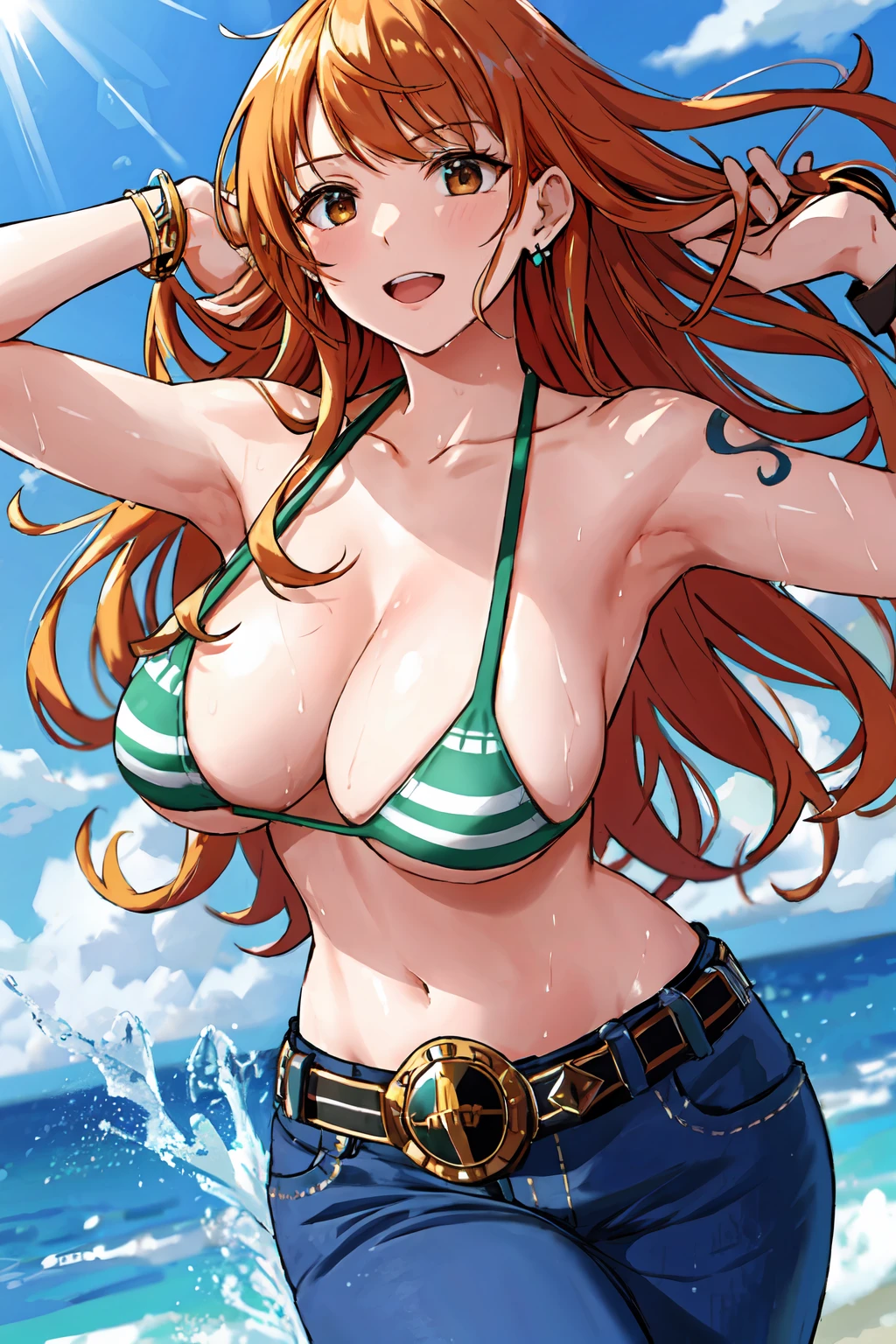 detailed background, masterpiece, 4k, best quality, late youth, adult, wrestler body, 1girl, active, energic, uppercut, (large mouth) , solo, nami \(one piece\), 1girl, bangle, (very wet, drenched in sweat, sweat all over body, very wet hair, tired, taking breath, open mouth, sweaty face, sweaty body, panting, sweating too much, shiny sweat, sweat stains, leaning forward, tilting, waving good bye with both hands, bruises on body), perfect detailed face, bold drawing lines, muscular arms, detailed bold arm lines, flat jaw, adult woman, wavy wide streaked bangs,(very long left side bangs, lock of hair upward), floating bang streaks, (big cheeks), bare shoulders, off-shoulders, belt, bikini, bikini top only, blue sky, bracelet, springy breasts, breast lines, big round eyes, plain big brown shiny eyes, bubbles, high eye position, cleavage, cloud, day, denim, earrings, floating hair, shiny hair, green belt, green bikini, bold groin lines, jeans, jewelry, large breasts, log pose, long hair, looking at viewer, navel, wet hair, orange hair, pants, shoulder tattoo, sidelocks, sky, solo, standing, stomach, swimsuit, tattoo , looking at viewer, open mouth, detailed left arm, big forehead, hourglass figure, small head, toned body, wide hair, wind effect, sun effect, under the sun, narrow small ears angle, older, random poses,