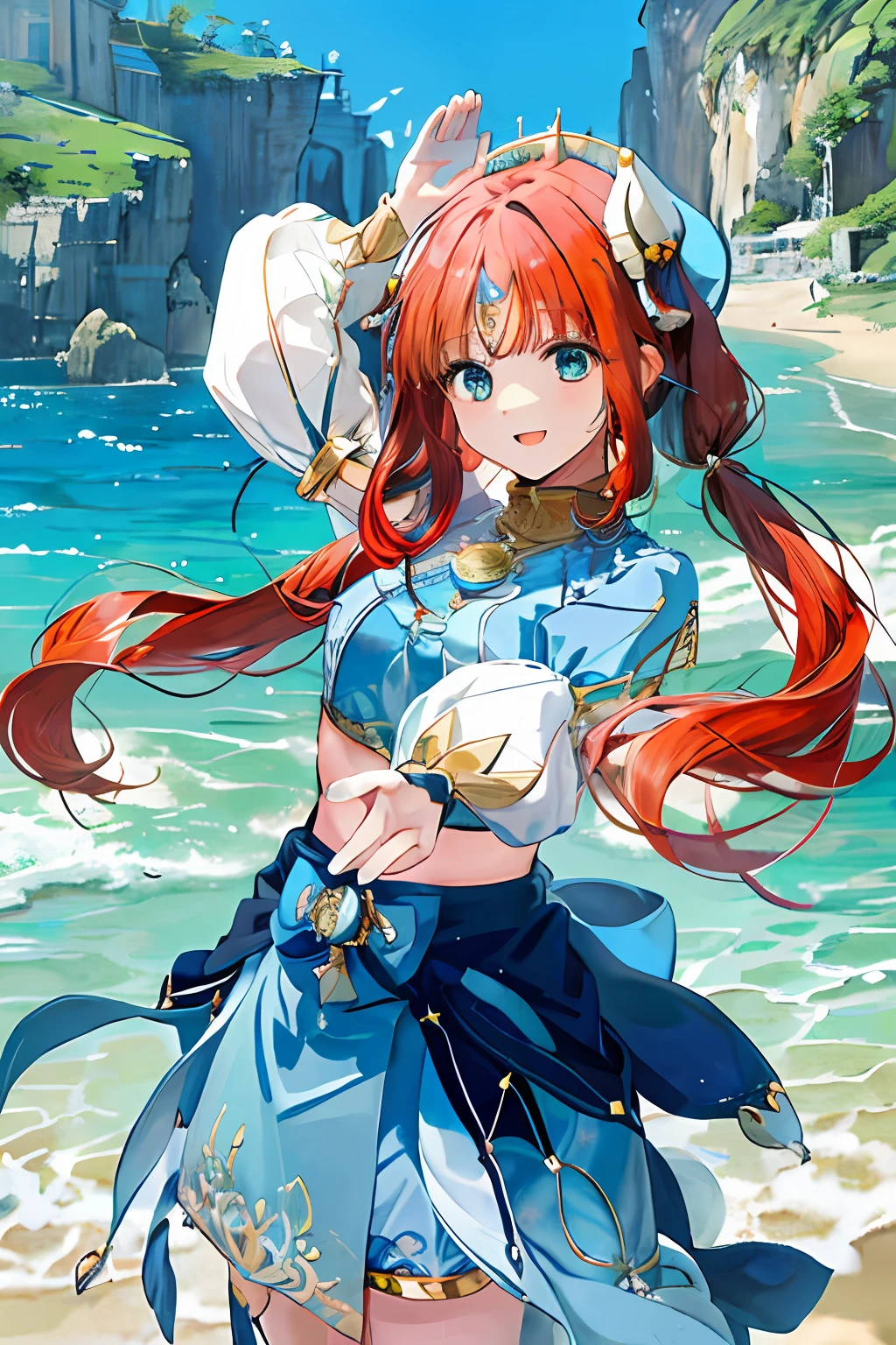(Realistic painting style:1.1)、masterpiece、top-quality、absurderes、nilou(Neither flowers nor mist)(GenshinImpact)、aqua eyes、nilou(GenshinImpact)、fake horns、1girl in、独奏、red hairs、veils、a smile、a moon、length hair、croptop、jewely、banya、natta、bracers、brooches、long-sleeve、puffy long sleeves、looking at the viewers、skirt by the、bangss、Twin-tailed、Eau、puffy sleeves、Skysky、neck rings、 :d, florals, harem outfit, gold trim, partedbangs, Raise your arms, breastsout, circlet, plein air, a blue skirt, hair adornments, Independent sleeves, low twintails, Floating hair, Pedras preciosas, flower in hair, blue gemstone, hand up, dancers, White cap, tiny chest, stomach, Midriff, blue bow, Very long hair、shores、the beach