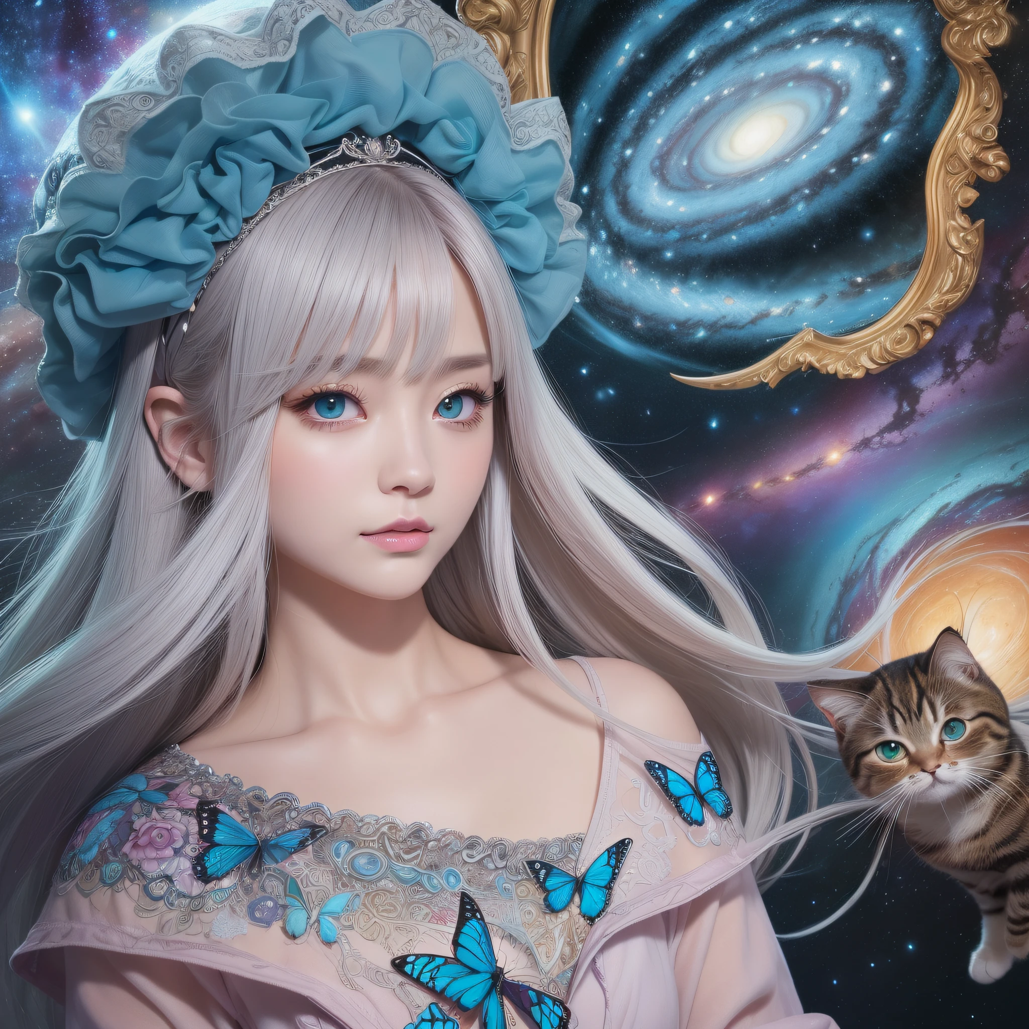 write、Face Close-up、Face Zoom、(​masterpiece、top-quality、top-quality、Beautifully Aesthetic:1.2)、(1girl in:1.3)、ighly detailed、(Fractal Art:1.2)、Cover with all colors、colourfull、highestdetailed、(Zentangle:1.2)、(The background is cosmic:1.5)、(Light dresses:1.2)、(shinny skin)、(Many colors:1.4)、faces、​masterpiece、top-quality、hightquality、hight resolution、16 K、raw、超A high resolution、The ultra-detailliert、detaile、extremely delicate and beautiful、A highly detailed、real shadow、animesque、highly detailed painting、Award-winning paintings、Superb Painting、Art styles、((Cute cat in clothes)),Anthropomorphic representation, Rich colors, exquisitedetails, （masutepiece,Best Quality:1.5), (Butterfly exquisite CG), (High resolution:1.5)、（deep dark green eyes、Sapphire green eyes、round and large eyes）（Smile with the corners of your mouth raised、Open your mouth a little、lipgloss）、（short silver hair、fluffy hair）、（the background is the universe、shine）