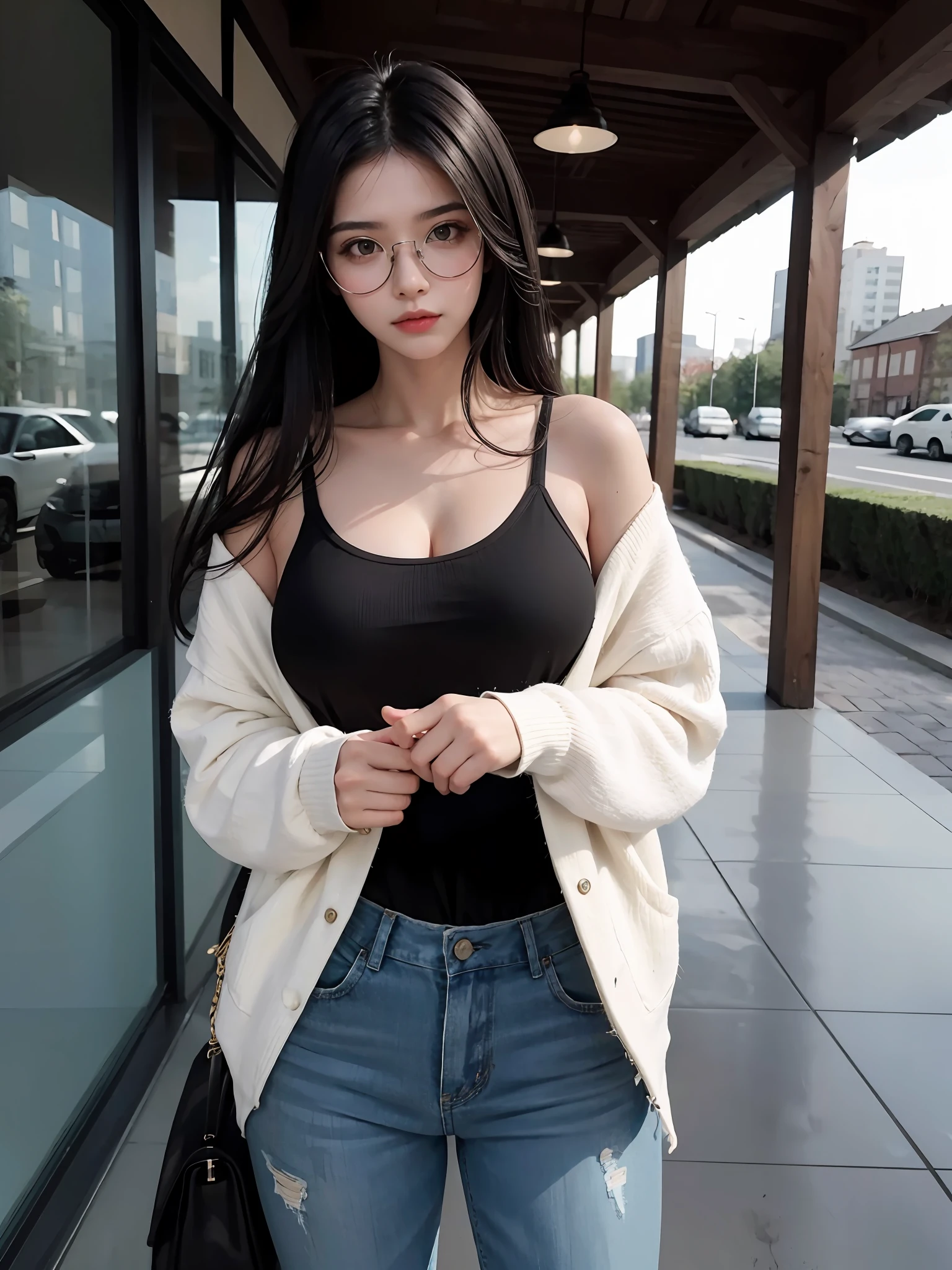 masterpiece, best quality,
1girl, black hair, long hair, glasses, medium breasts, casual, standing