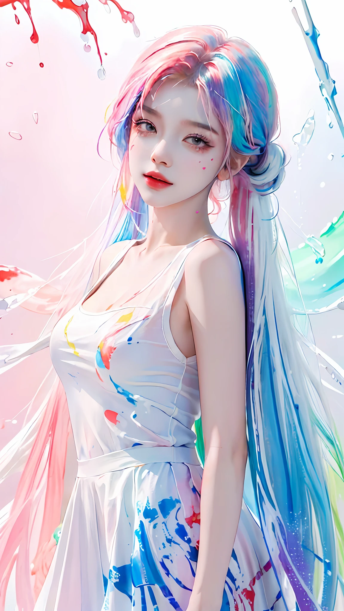 (Masterpiece, Best Quality, High Resolution), White Background, ((Paint Splash, Color Splash, Splash of Ink, Color Splash)), Sweet Chinese Girl, Rainbow Hair, Pink Lips, Front, Upper Body