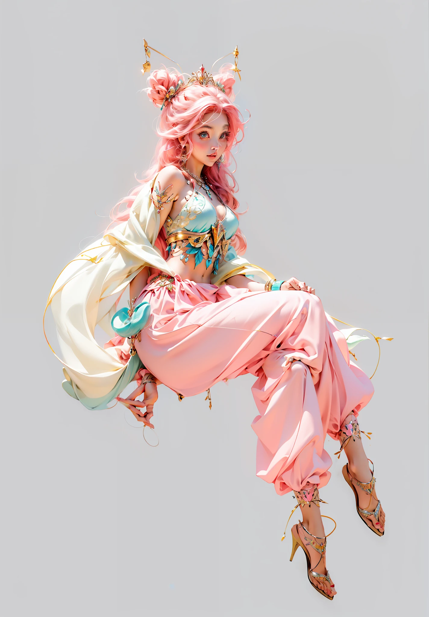 Anime girl with pink clothes,Suspended in the air, highly detailed exquisite fanart, a human-like juicy peach, made with anime painter studio, lady palutena, seagulls, peach princess), High-quality fanart, Anime princess, Humanoid pink sitting girl,Blue lantern in hand, Detailed fanart, Anime goddess, line art in colour, Metal ornaments are embellished,There is a Philosopher's Stone hanging from the chest